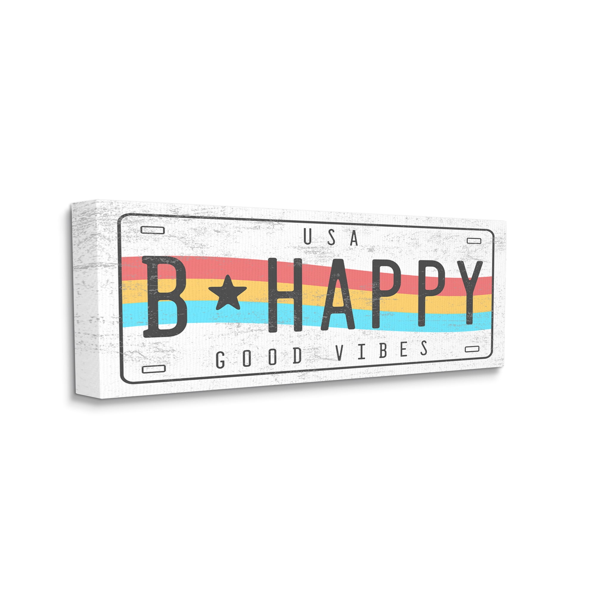 Stupell Industries B Happy Rainbow License Plate Good Vibes Sentiment Graphic Art Gallery-Wrapped Canvas Print Wall Art, 20x48, by Daphne Polselli
