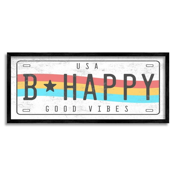 Stupell Industries B Happy Rainbow License Plate Good Vibes Sentiment Novelty Painting Black Framed Art Print Wall Art, 13 x 30, Design by Daphne Polselli