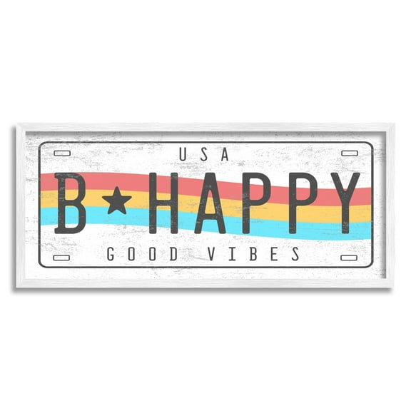 Stupell Industries B Happy Rainbow License Plate Good Vibes Sentiment Novelty Painting White Framed Art Print Wall Art, 10 x 24, Design by Daphne Polselli