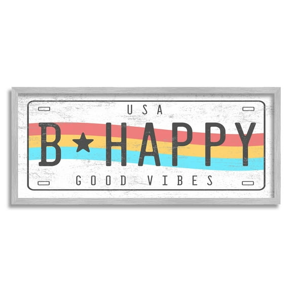 Stupell Industries B Happy Rainbow License Plate Good Vibes Sentiment Transportation Painting Gray Framed Art Print Wall Art, 10 x 24