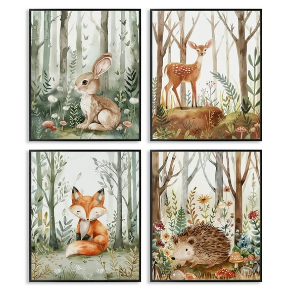 Stupell Industries Baby Animals in Woods Animals Painting Black Framed Art Print Wall Art, 11 x 14, Set of 4