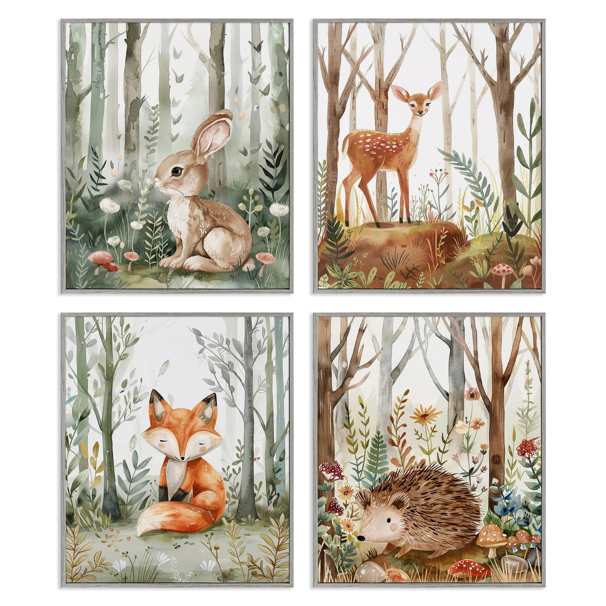 Stupell Industries Baby Animals in Woods Animals Painting Gray Framed Art Print Wall Art, 16 x 20, Set of 4