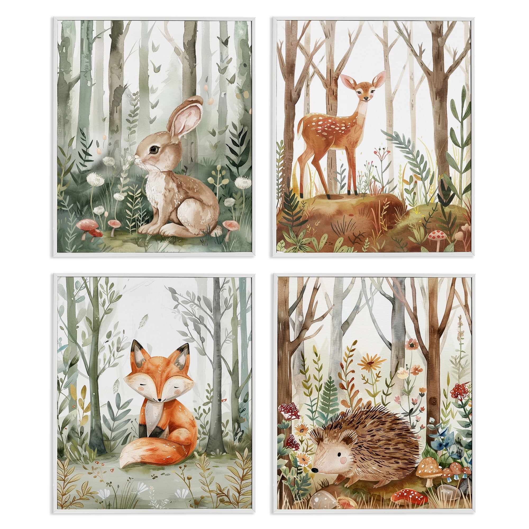 Stupell Industries Baby Animals in Woods Animals Painting White Framed Art Print Wall Art, 11 x 14, Set of 4