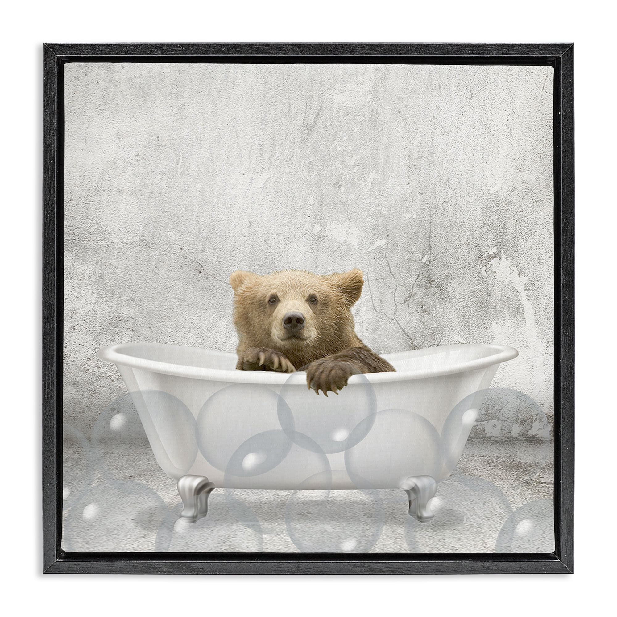 Stupell Industries Baby Bear Bath Time Animals & Insects Painting Black Floater Framed Canvas Art Print Wall Art, 25 x 25