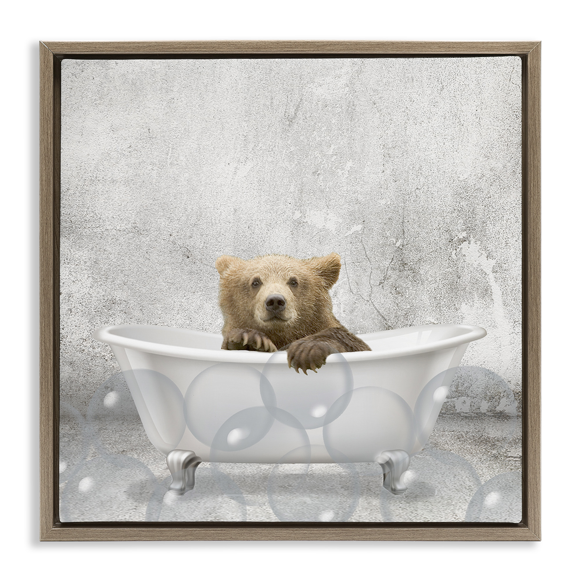 Stupell Industries Baby Bear Bath Time Animals & Insects Painting Brown Floater Framed Canvas Art Print Wall Art, 18 x 18