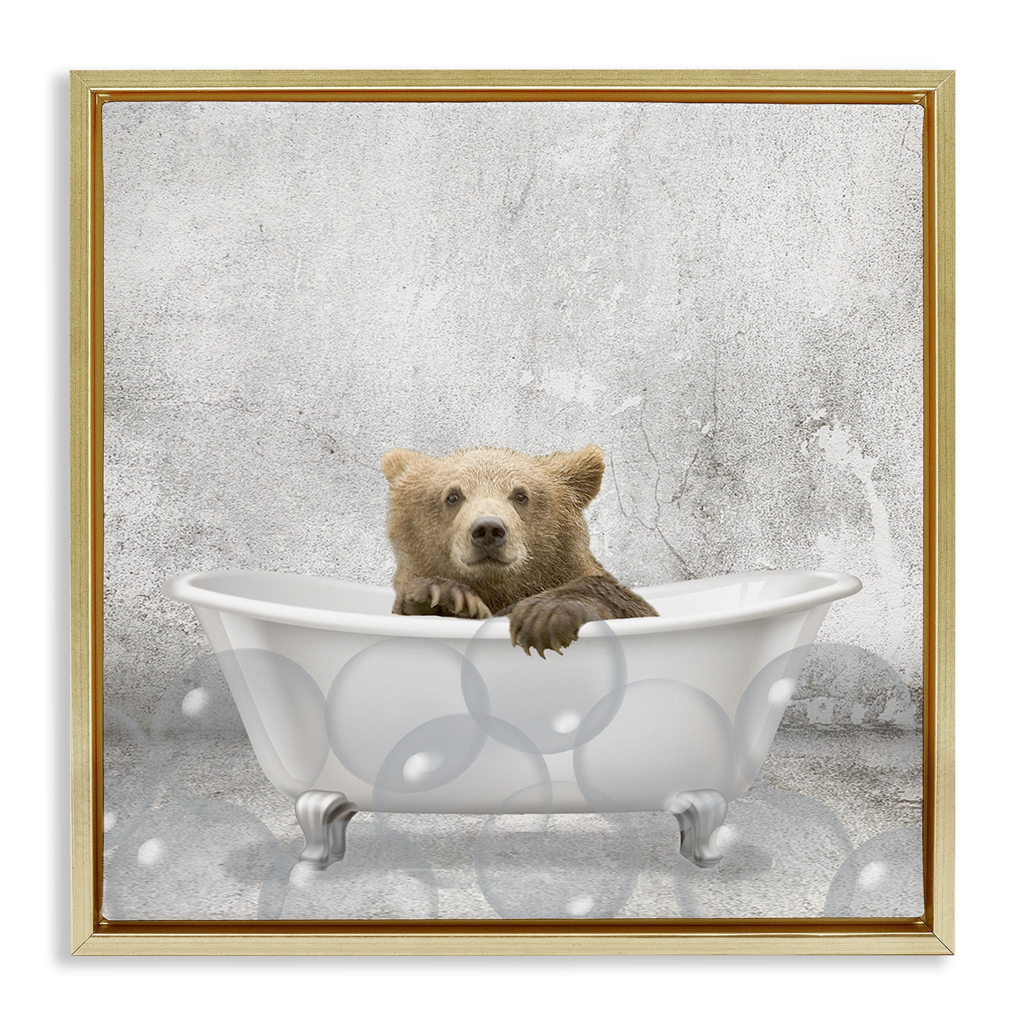 Stupell Industries Baby Bear Bath Time Animals & Insects Painting Gold Floater Framed Canvas Art Print Wall Art, 25 x 25