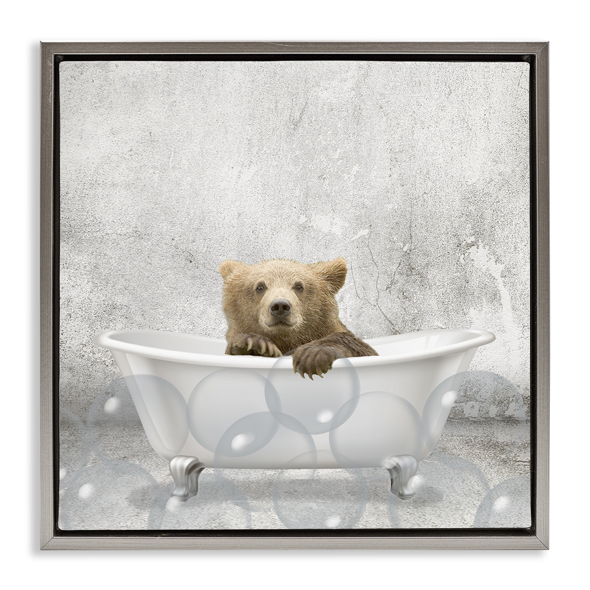Stupell Industries Baby Bear Bath Time Animals & Insects Painting Gray Floater Framed Canvas Art Print Wall Art, 18 x 18