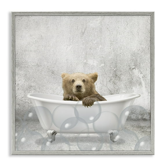 Stupell Industries Baby Bear Bath Time Animals & Insects Painting Gray Framed Art Print Wall Art, 12 x 12