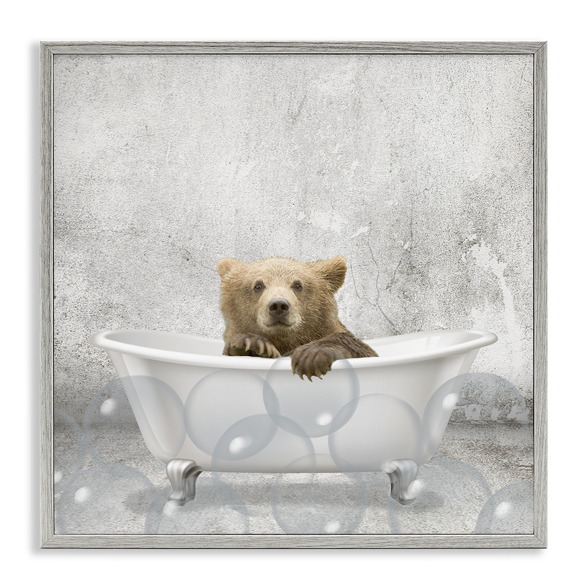 Stupell Industries Baby Bear Bath Time Animals & Insects Painting Gray Framed Art Print Wall Art, 17 x 17