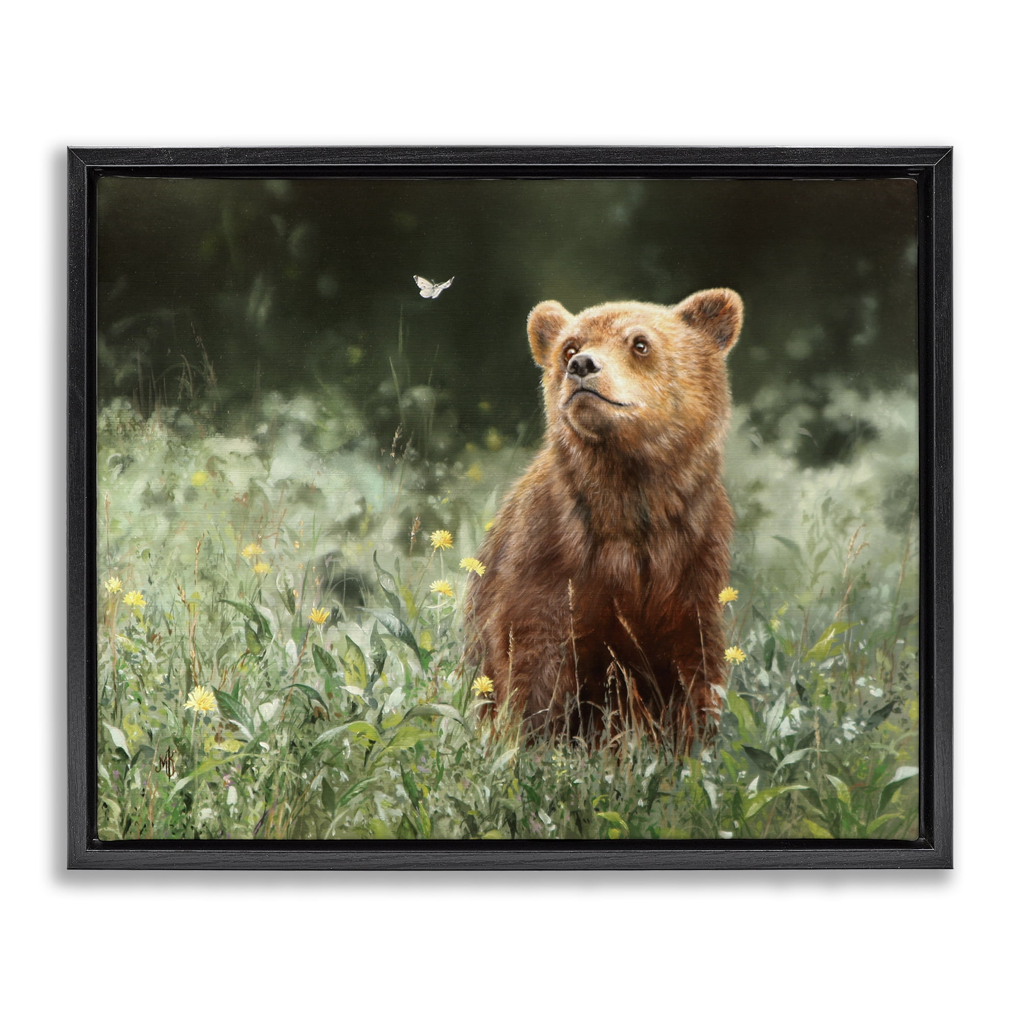 Stupell Industries Baby Bear & Butterfly Animals Painting Black Floater Framed Canvas Art Print Wall Art, 21 x 17