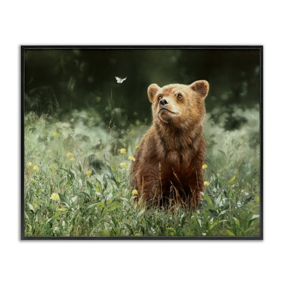Stupell Industries Baby Bear & Butterfly Animals Painting Black Framed Art Print Wall Art, 14 x 11