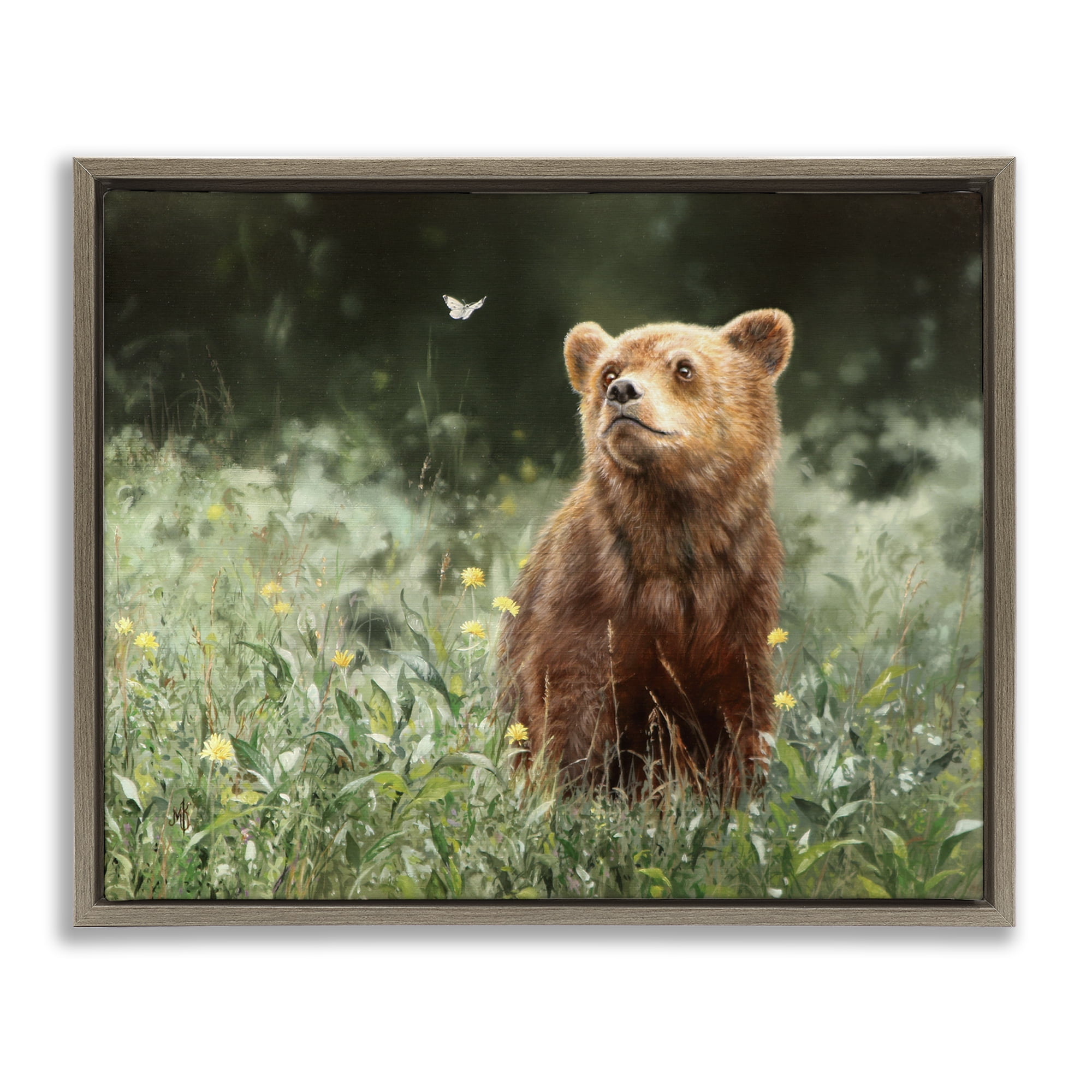 Stupell Industries Baby Bear & Butterfly Animals Painting Brown Floater Framed Canvas Art Print Wall Art, 31 x 25