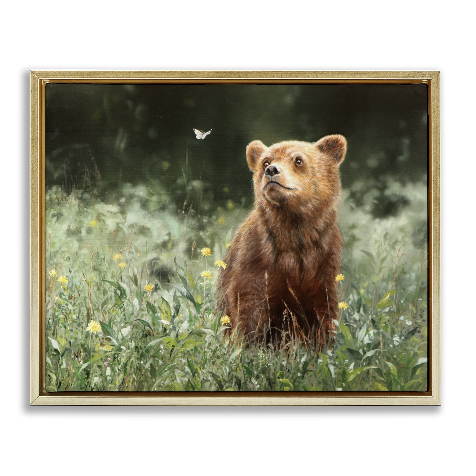 Stupell Industries Baby Bear & Butterfly Animals Painting Gold Floater Framed Canvas Art Print Wall Art, 31 x 25