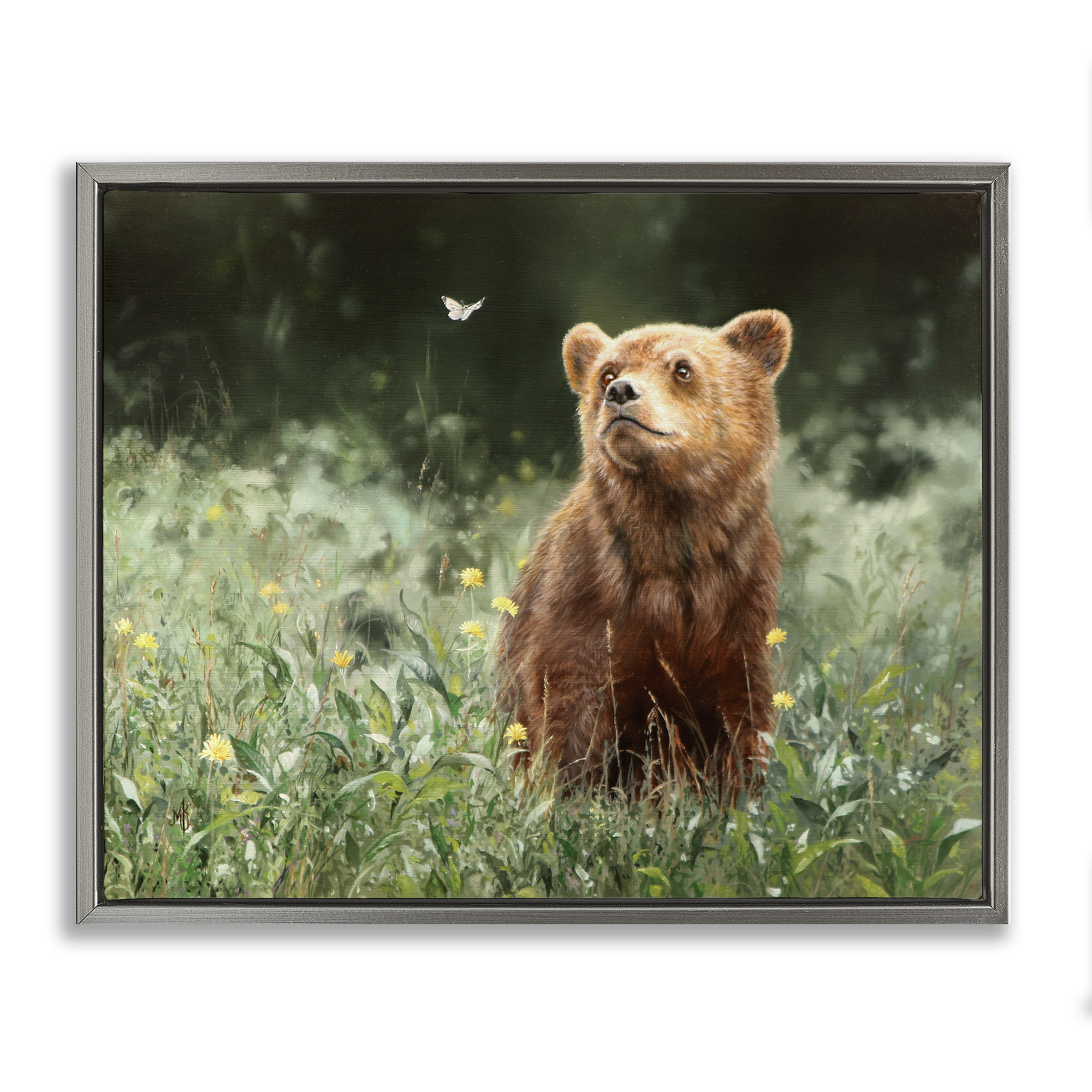 Stupell Industries Baby Bear & Butterfly Animals Painting Gray Floater Framed Canvas Art Print Wall Art, 31 x 25