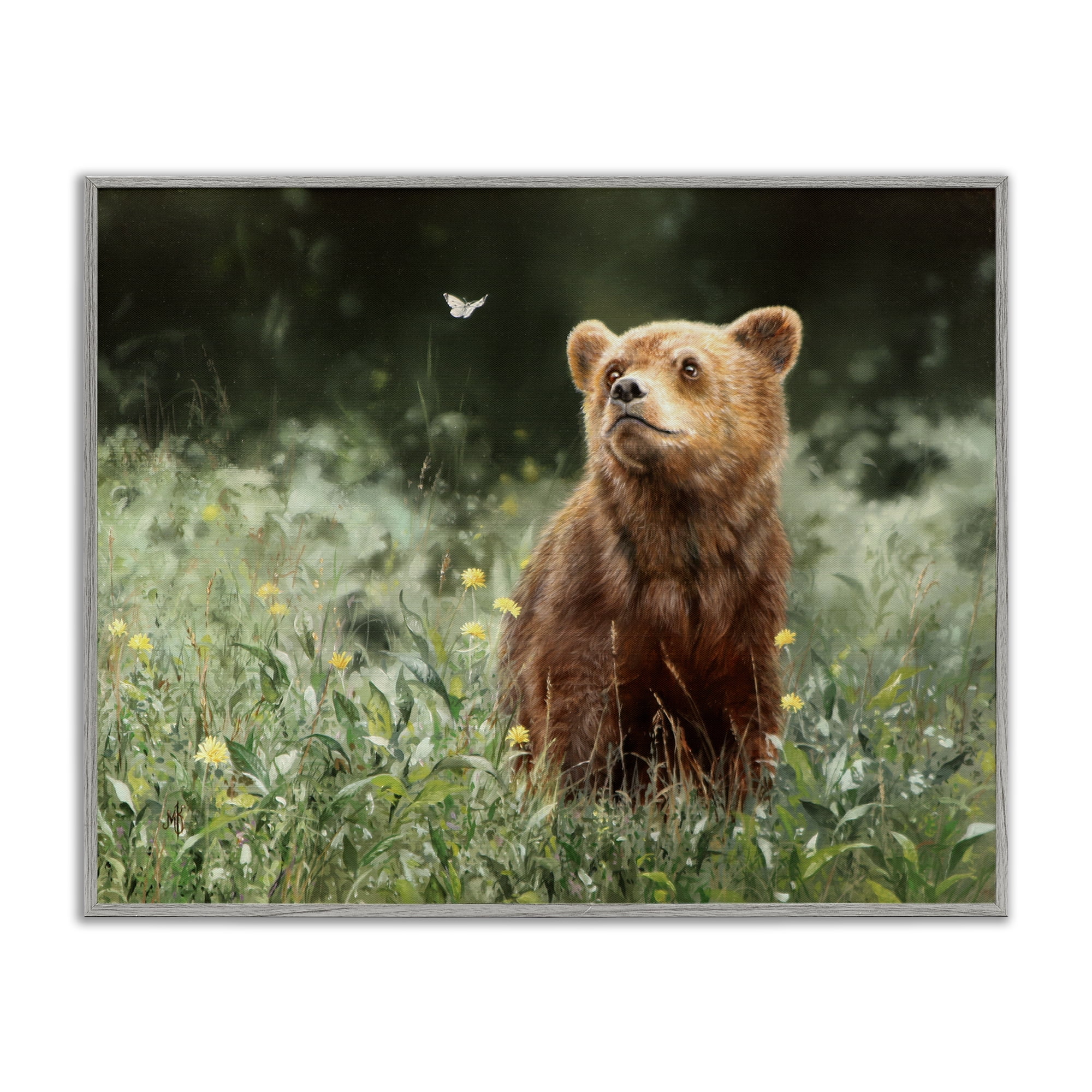 Stupell Industries Baby Bear & Butterfly Animals Painting Gray Framed Art Print Wall Art, 20 x 16