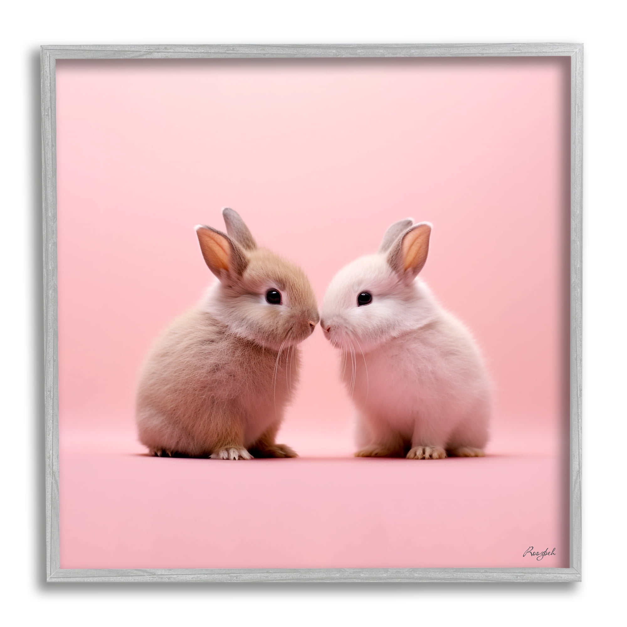 Stupell Industries Baby Bunnies on Pink Animals & Insects Painting Gray Framed Art Print Wall Art, 12 x 12
