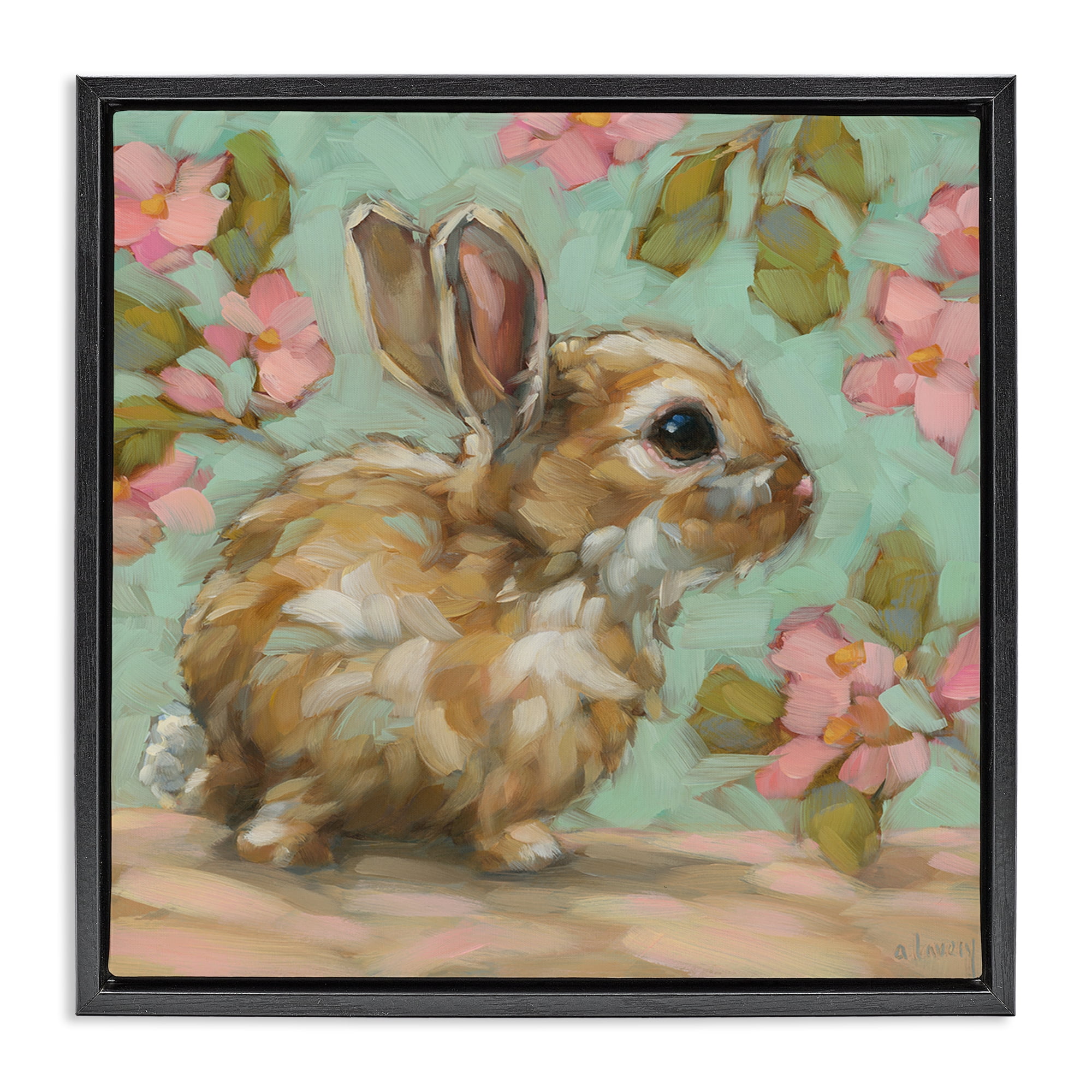 Stupell Industries Baby Bunny & Florals Animals Painting Black Floater Framed Canvas Art Print Wall Art, 25 x 25