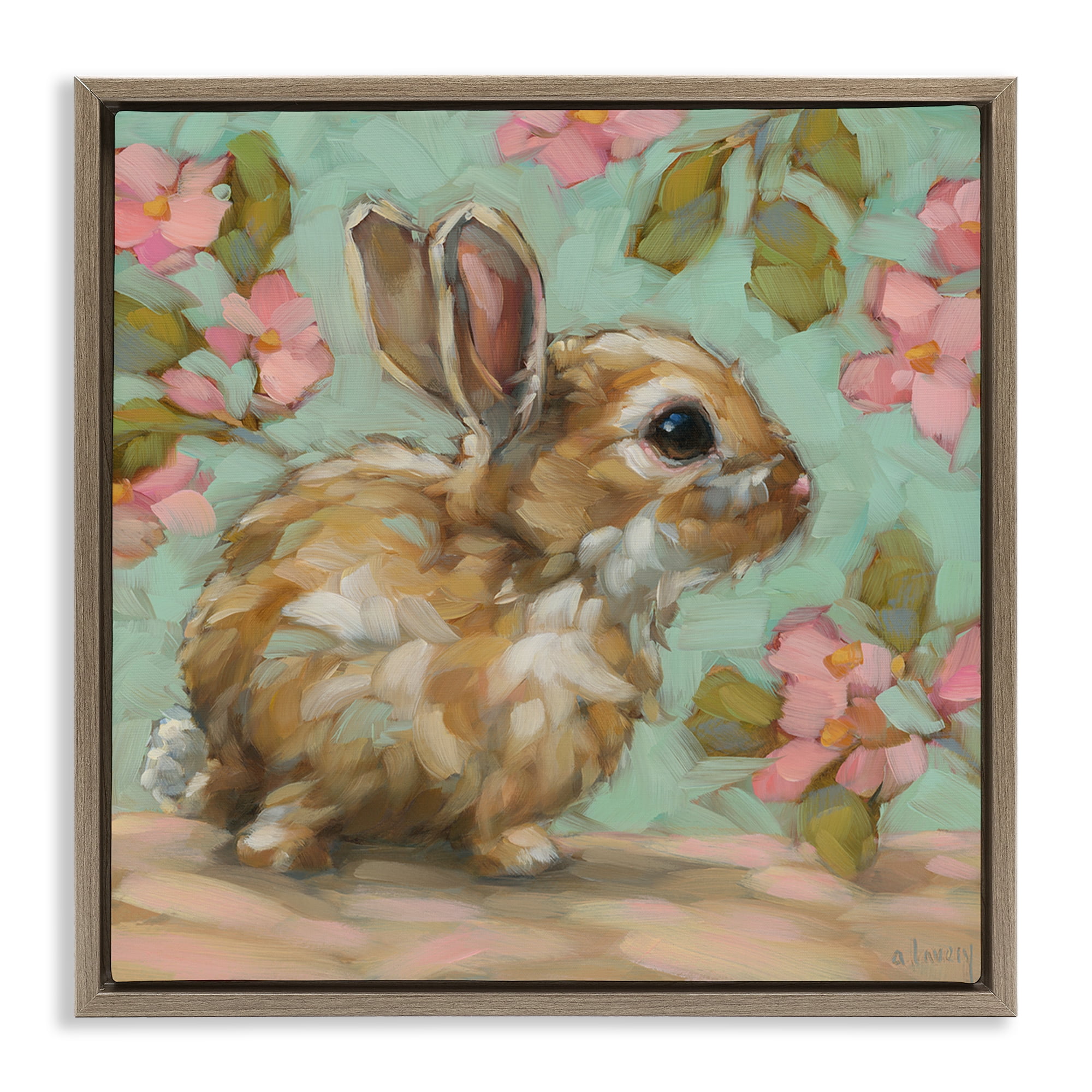 Stupell Industries Baby Bunny & Florals Animals Painting Brown Floater Framed Canvas Art Print Wall Art, 18 x 18