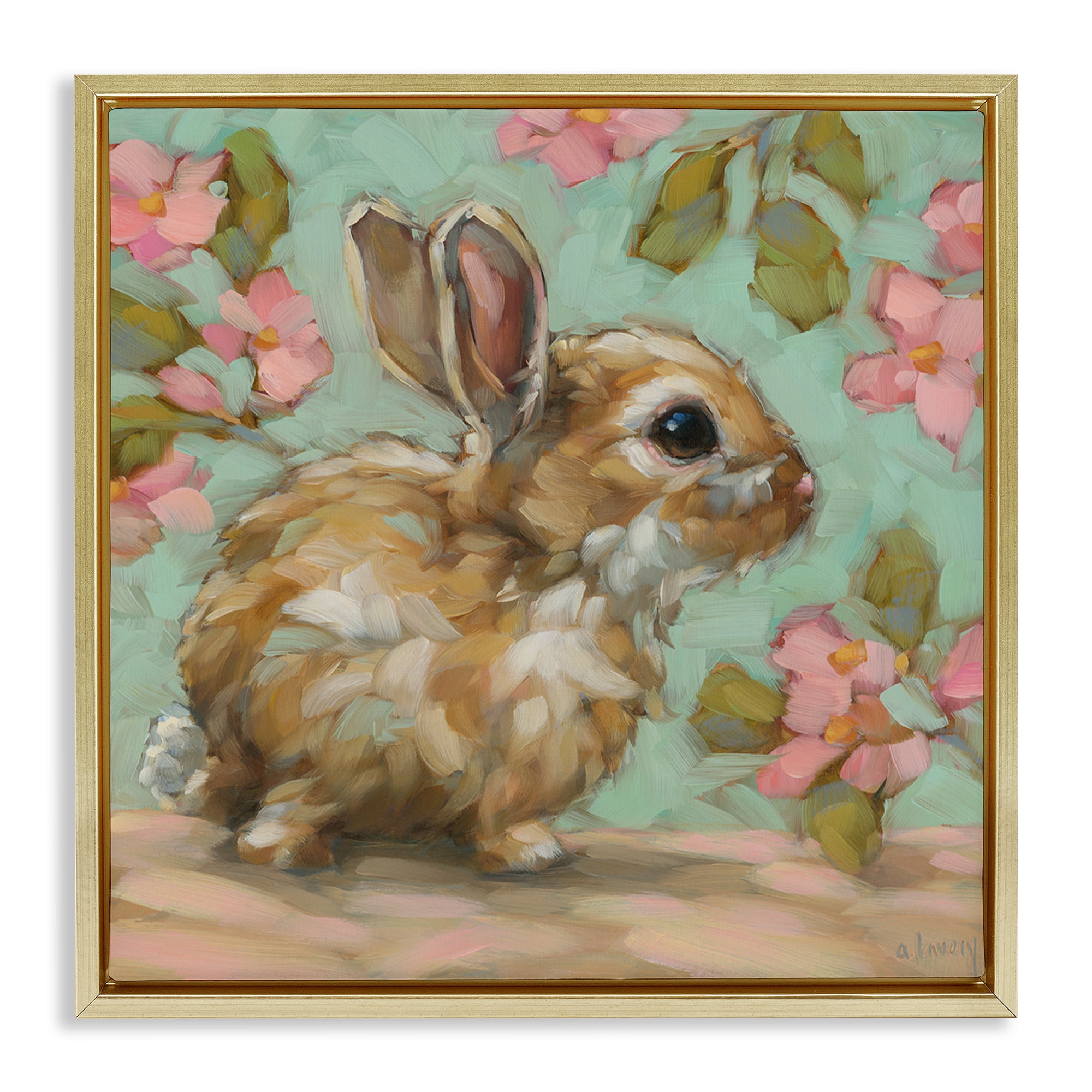 Stupell Industries Baby Bunny & Florals Animals Painting Gold Floater Framed Canvas Art Print Wall Art, 25 x 25