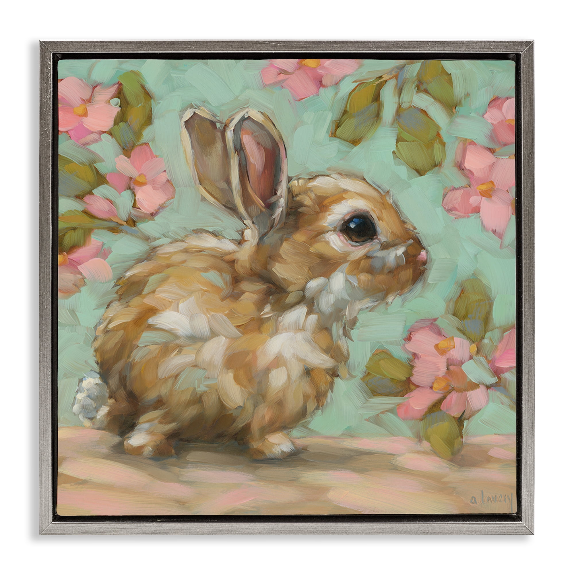 Stupell Industries Baby Bunny & Florals Animals Painting Gray Floater Framed Canvas Art Print Wall Art, 25 x 25