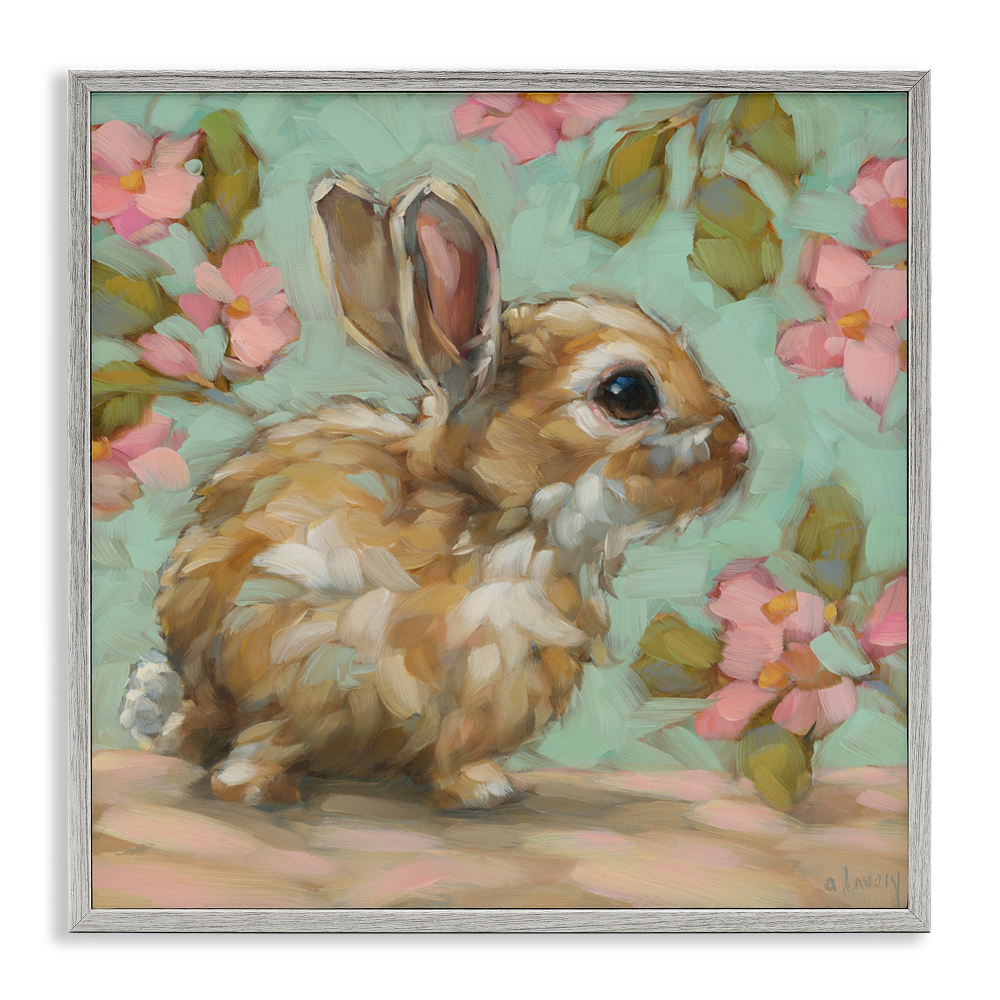 Stupell Industries Baby Bunny & Florals Animals Painting Gray Framed Art Print Wall Art, 24 x 24
