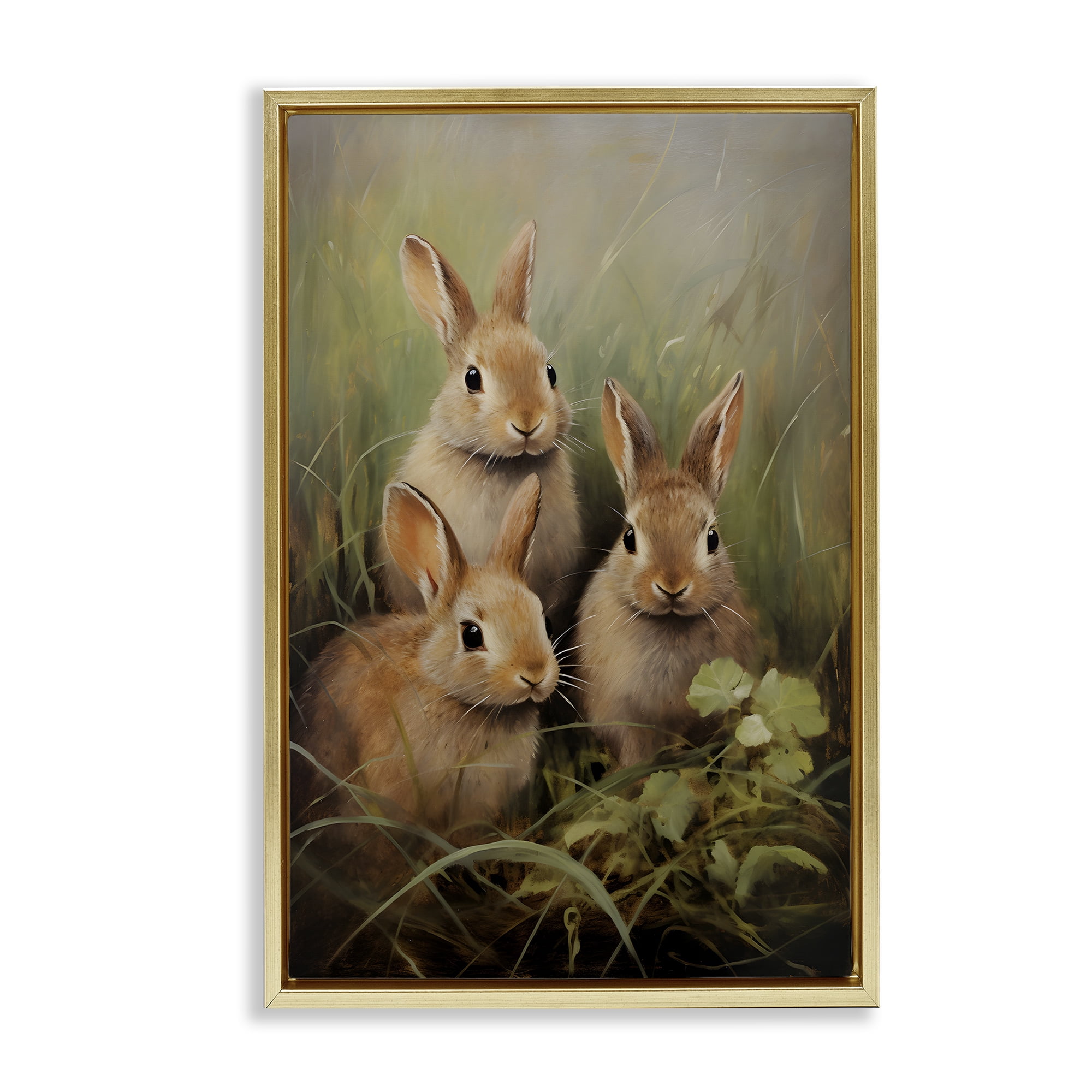Stupell Industries Baby Bunny Trio Animals & Insects Painting Gold Floater Framed Canvas Art Print Wall Art, 21 x 31