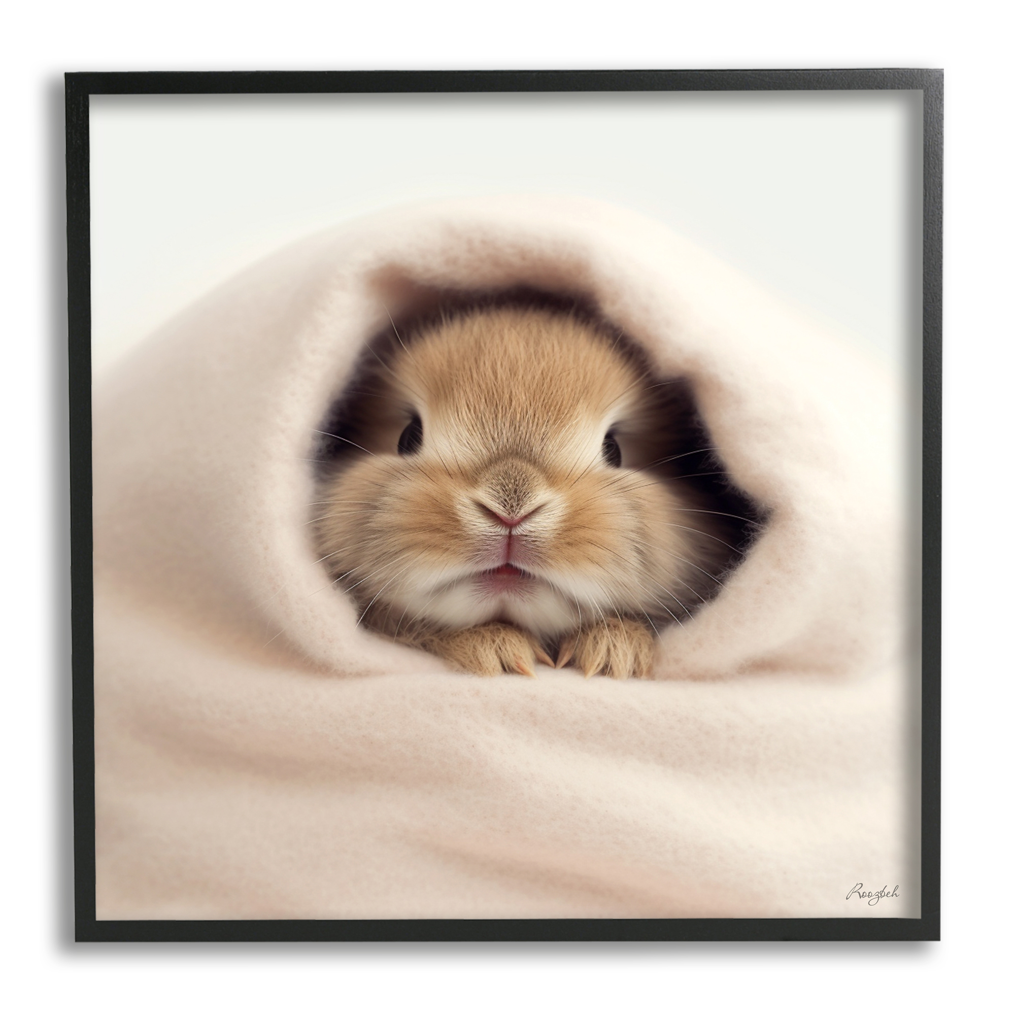 Stupell Industries Baby Bunny in Blanket Animals & Insects Painting Black Framed Art Print Wall Art, 17 x 17
