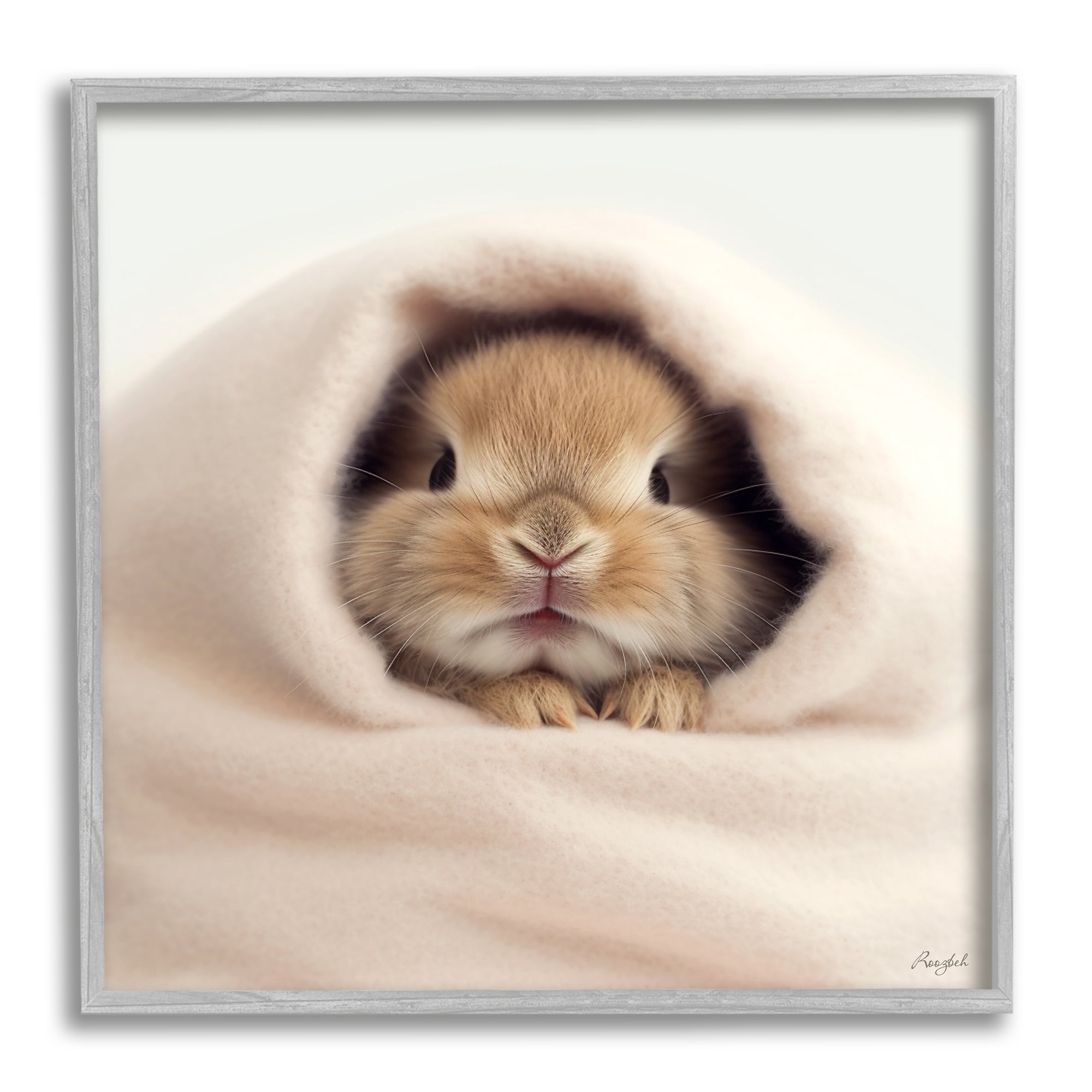 Stupell Industries Baby Bunny in Blanket Animals & Insects Painting Gray Framed Art Print Wall Art, 12 x 12