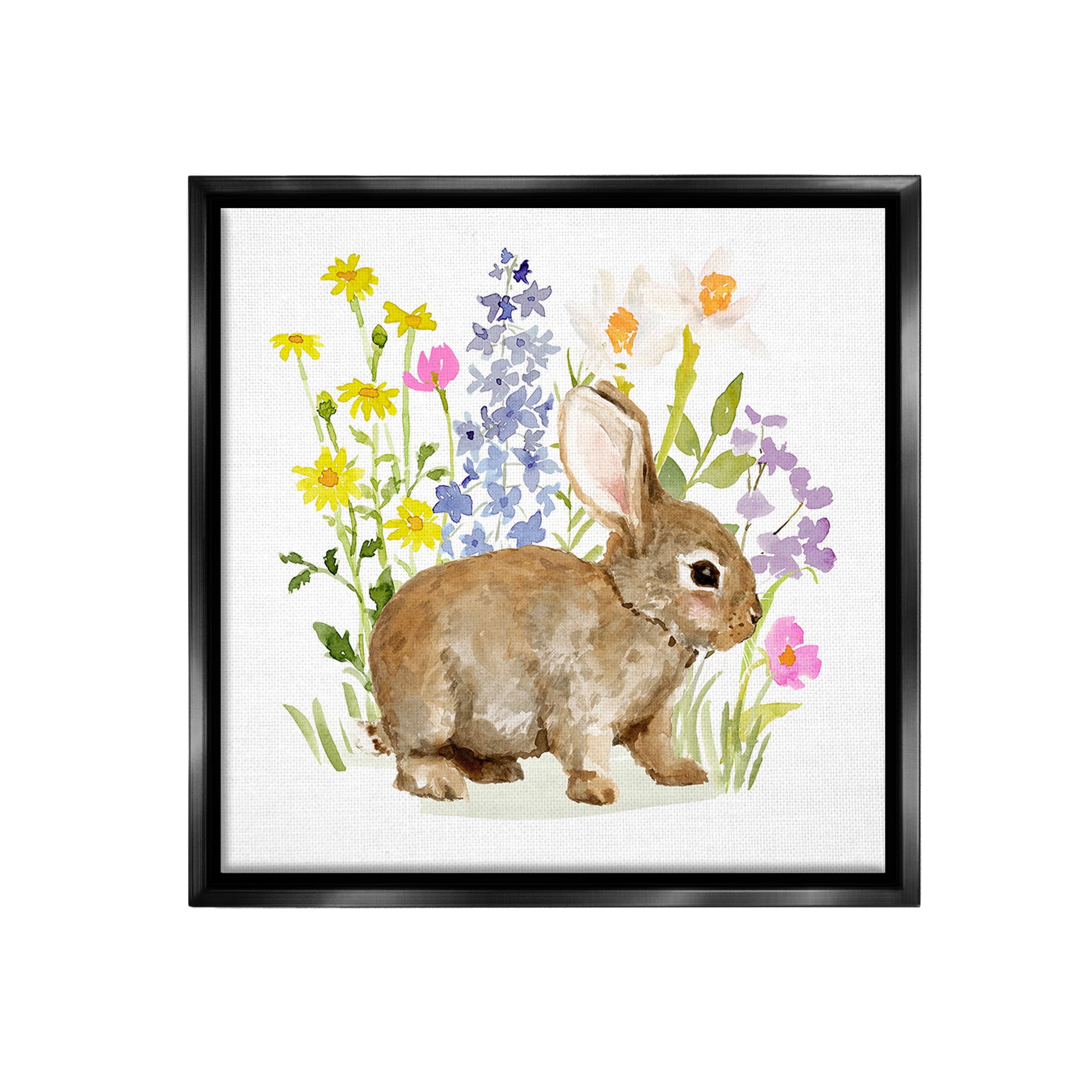 Stupell Industries Baby Bunny with Florals Animals & Insects Painting Black Floater Framed Canvas Art Print Wall Art, 25 x 25