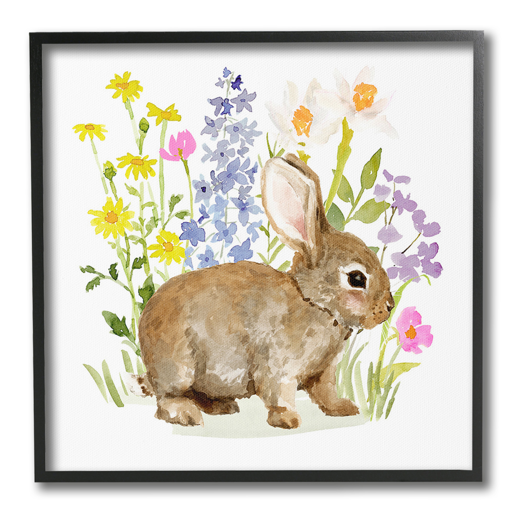 Stupell Industries Baby Bunny with Florals Animals & Insects Painting Black Framed Art Print Wall Art, 12 x 12
