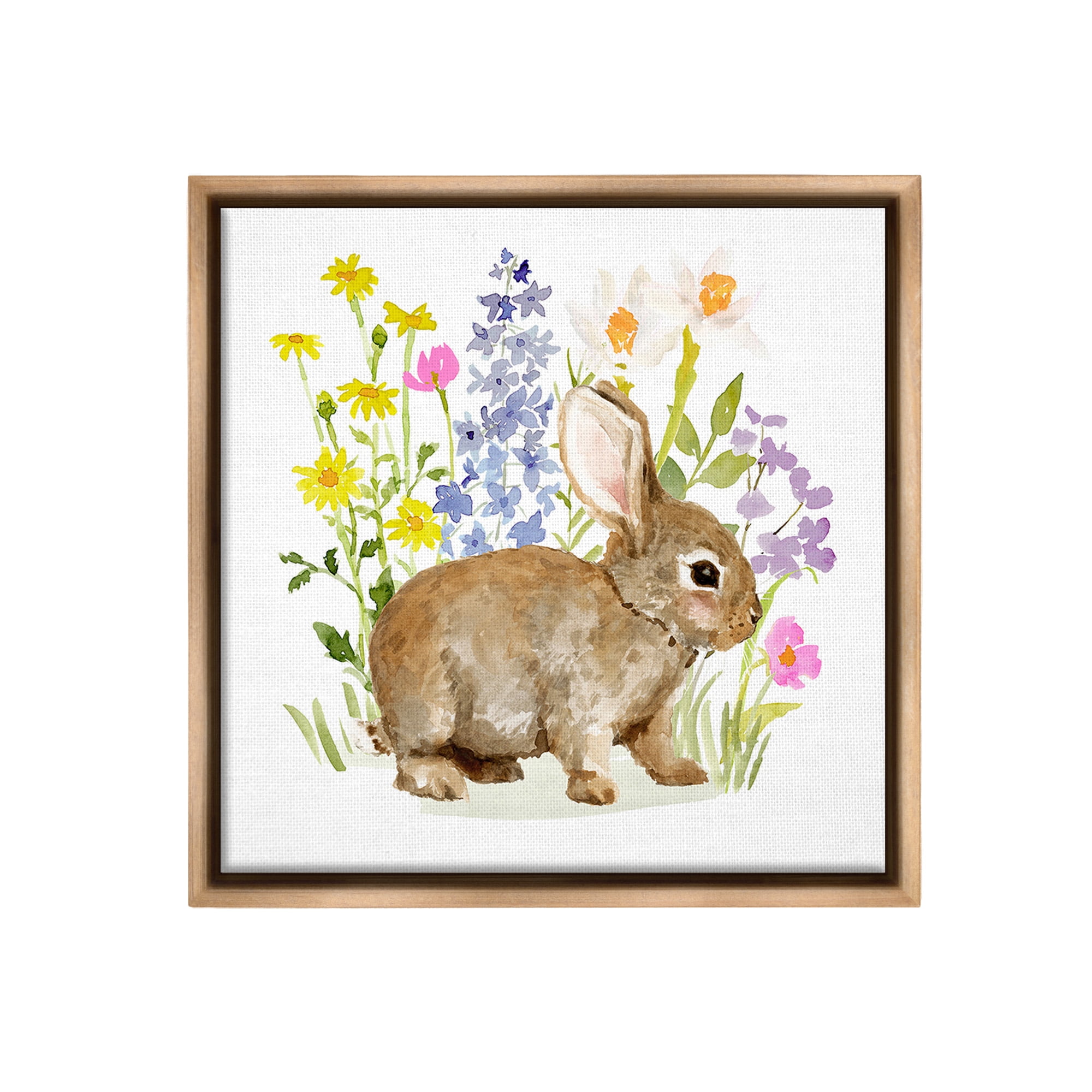 Stupell Industries Baby Bunny with Florals Animals & Insects Painting Brown Floater Framed Canvas Art Print Wall Art, 25 x 25