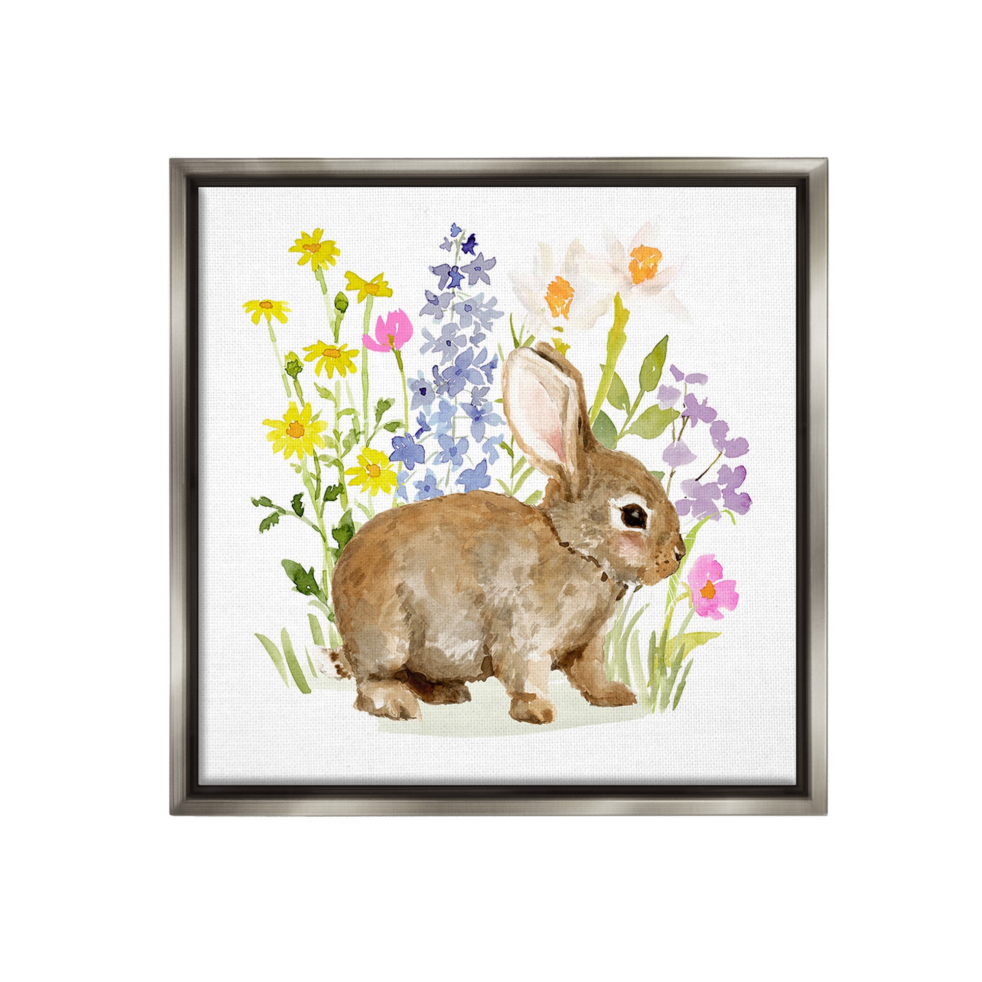 Stupell Industries Baby Bunny with Florals Animals & Insects Painting Gray Floater Framed Canvas Art Print Wall Art, 18 x 18