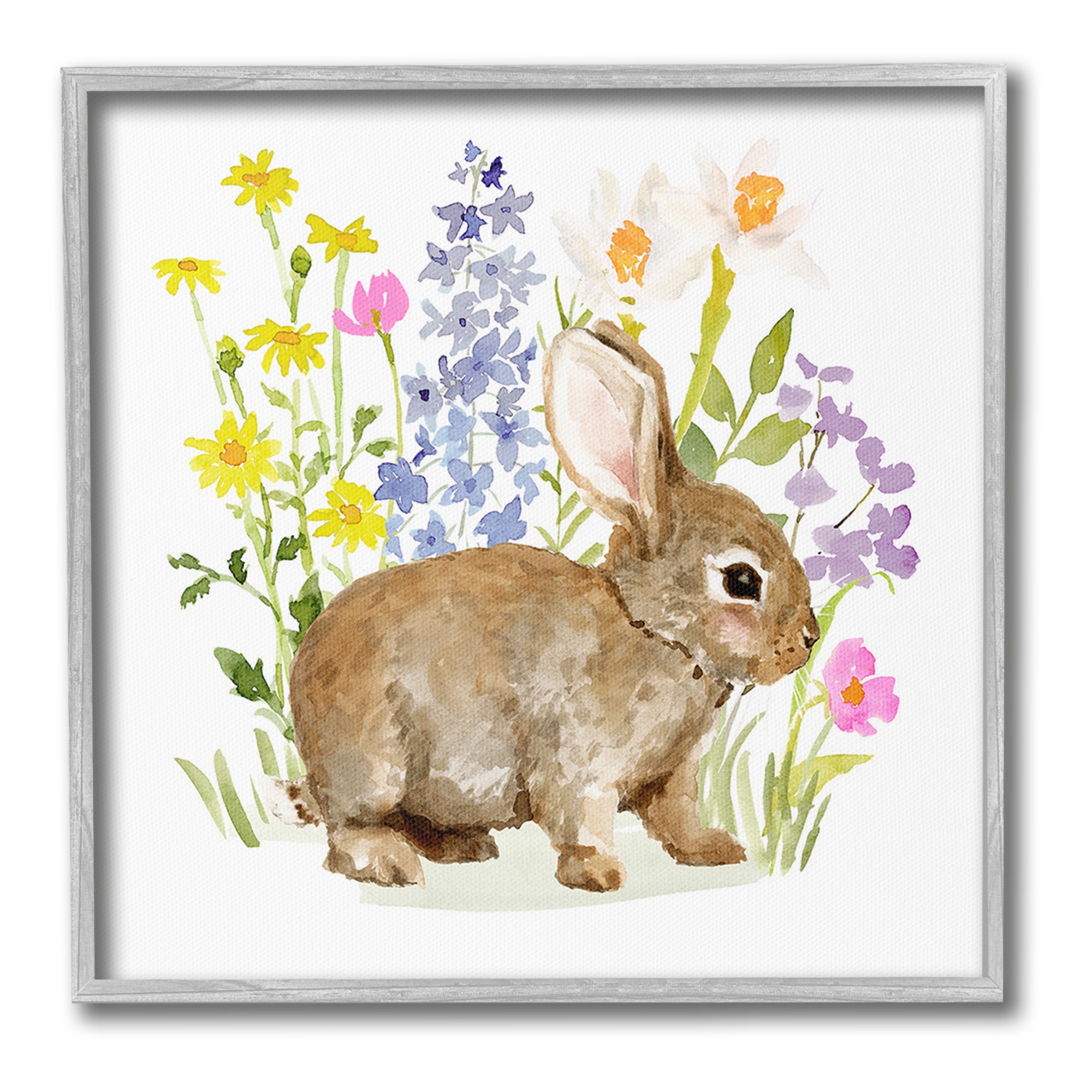 Stupell Industries Baby Bunny with Florals Animals & Insects Painting Gray Framed Art Print Wall Art, 24 x 24