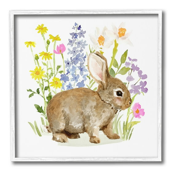 Stupell Industries Baby Bunny with Florals Animals & Insects Painting White Framed Art Print Wall Art, 12 x 12