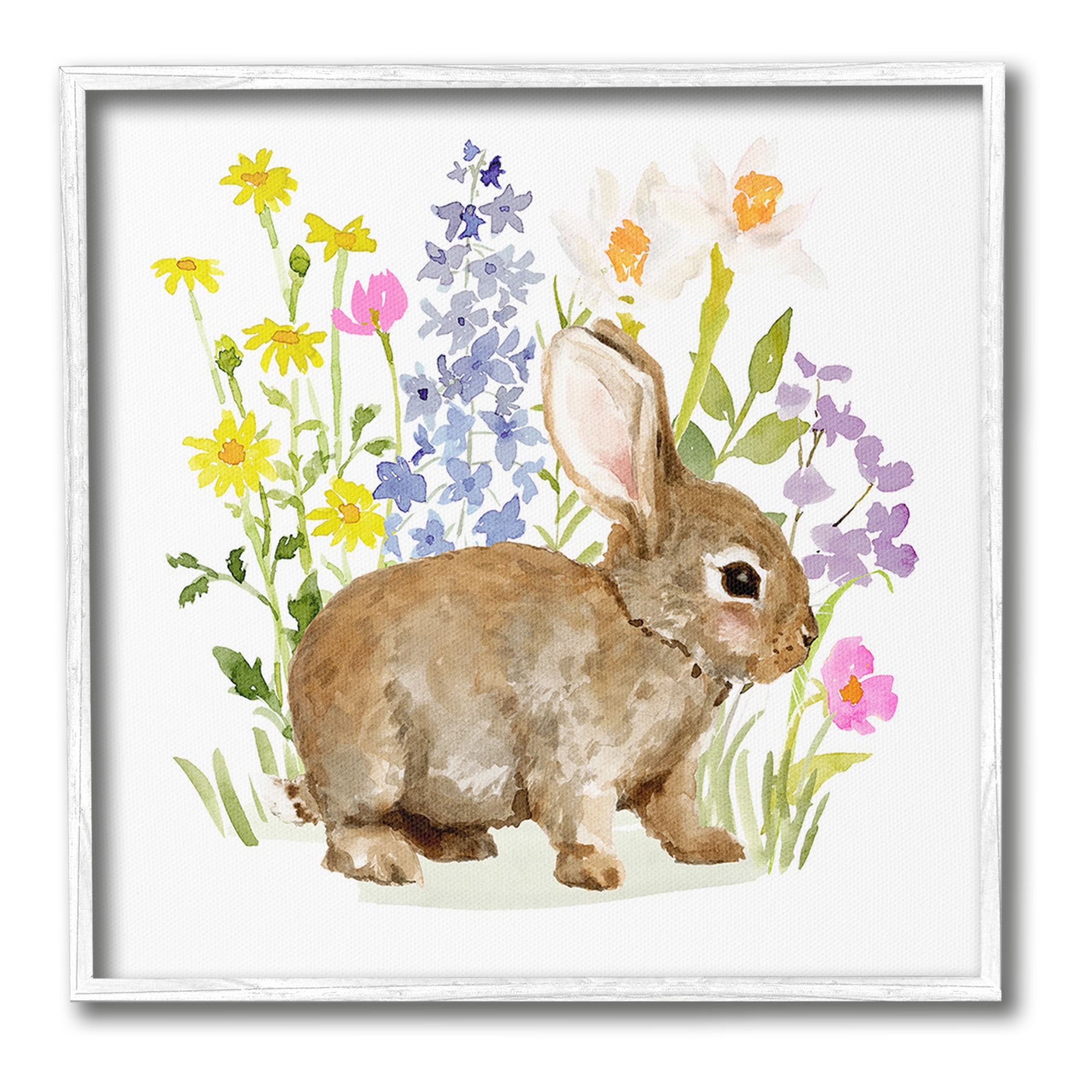 Stupell Industries Baby Bunny with Florals Animals & Insects Painting White Framed Art Print Wall Art, 24 x 24