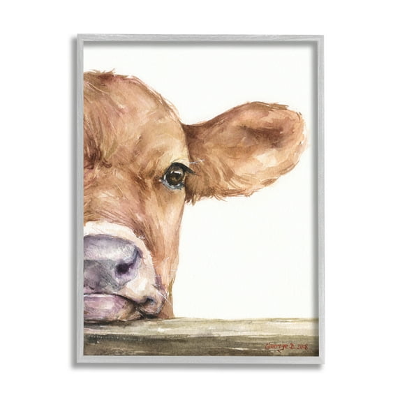 Stupell Industries Baby Calf Cow Resting Head Up-Close Rural Painting Gray Framed Art Print Wall Art, Design by George Dyachenko