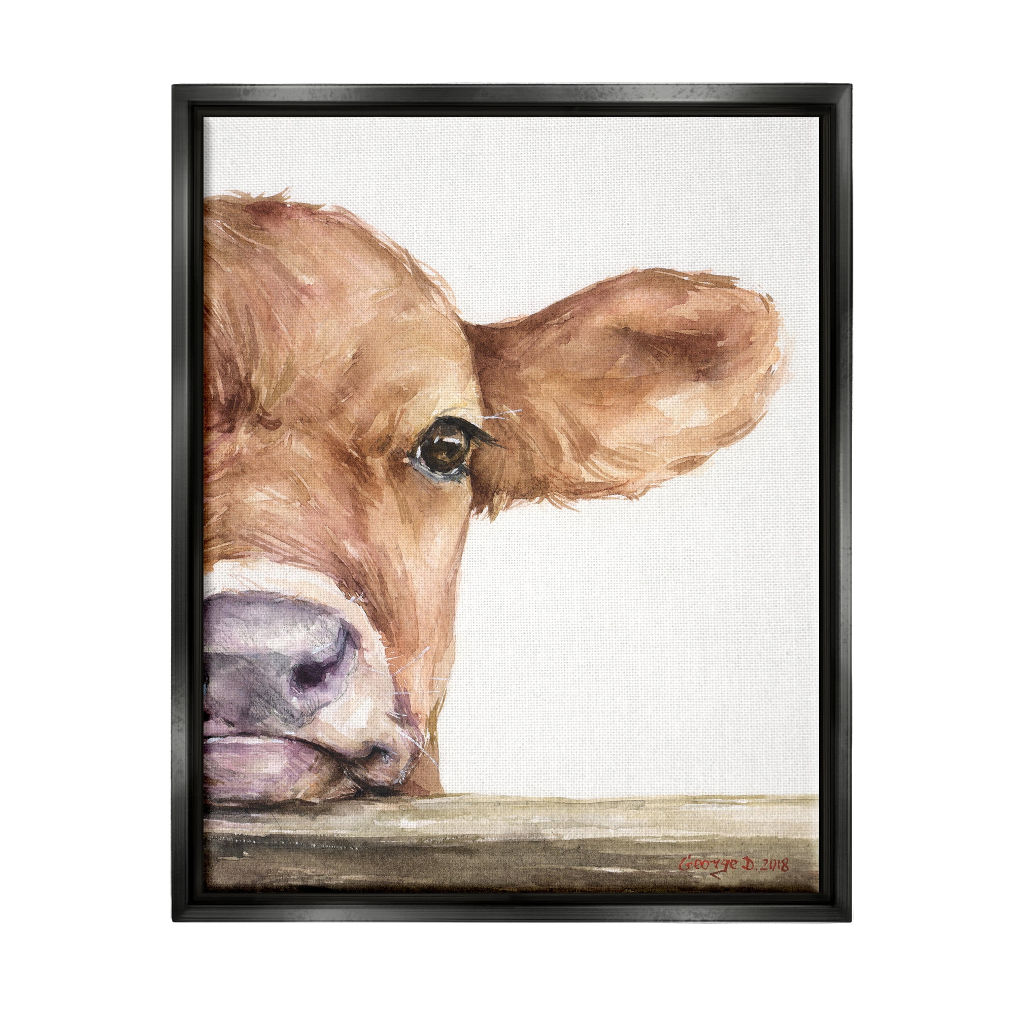 Stupell Industries Baby Calf Cow Resting Head Up-Close Rural Painting Jet Black Floating Framed Canvas Print Wall Art, Design by George Dyachenko