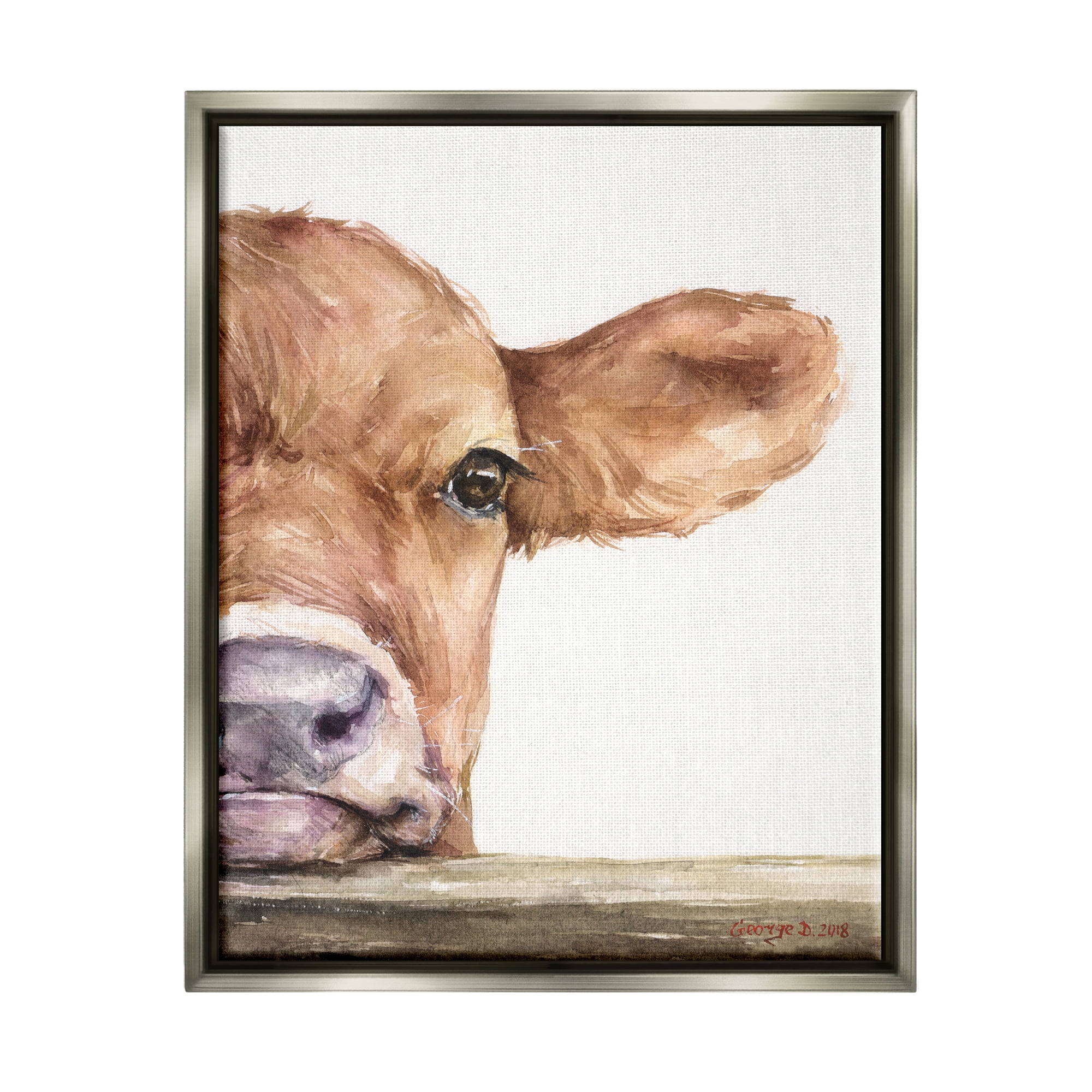 Stupell Industries Baby Calf Cow Resting Head Up-Close Rural Painting Luster Gray Floating Framed Canvas Print Wall Art, Design by George Dyachenko
