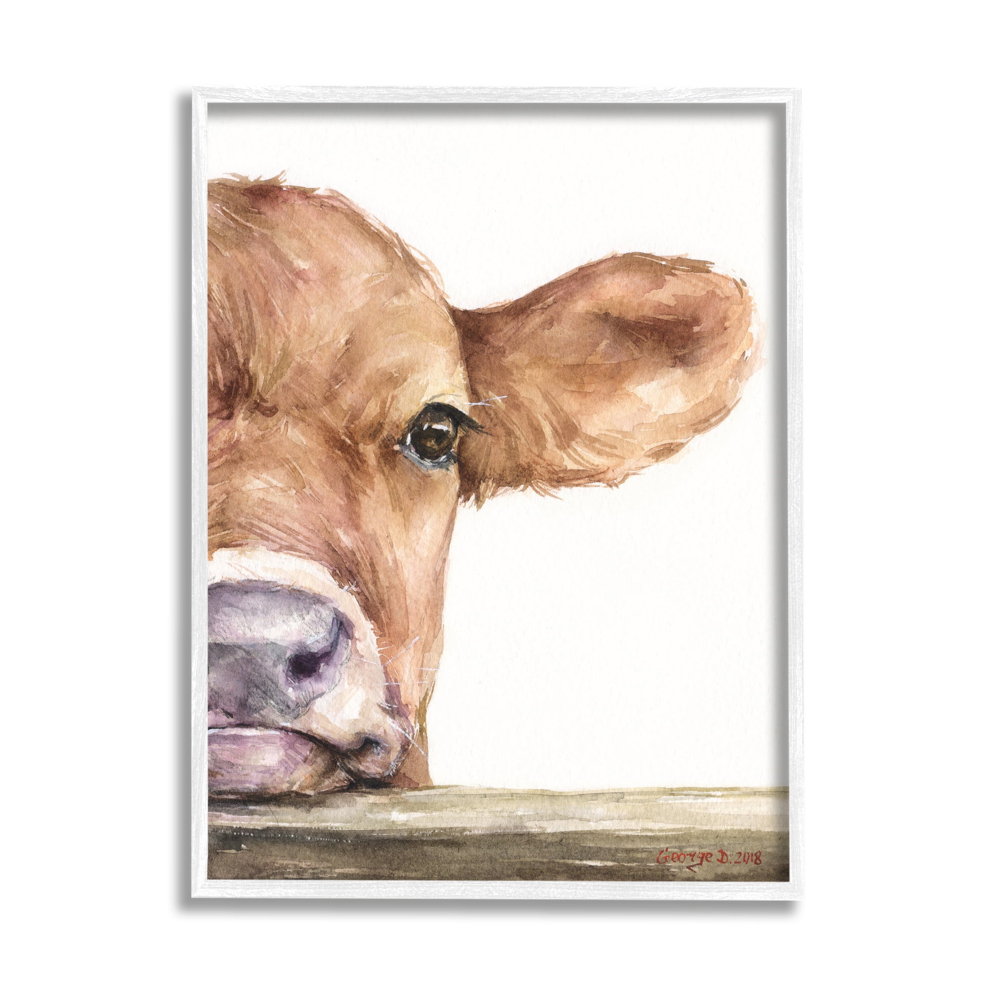 Stupell Industries Baby Calf Cow Resting Head Up-Close Rural Painting White Framed Art Print Wall Art, Design by George Dyachenko