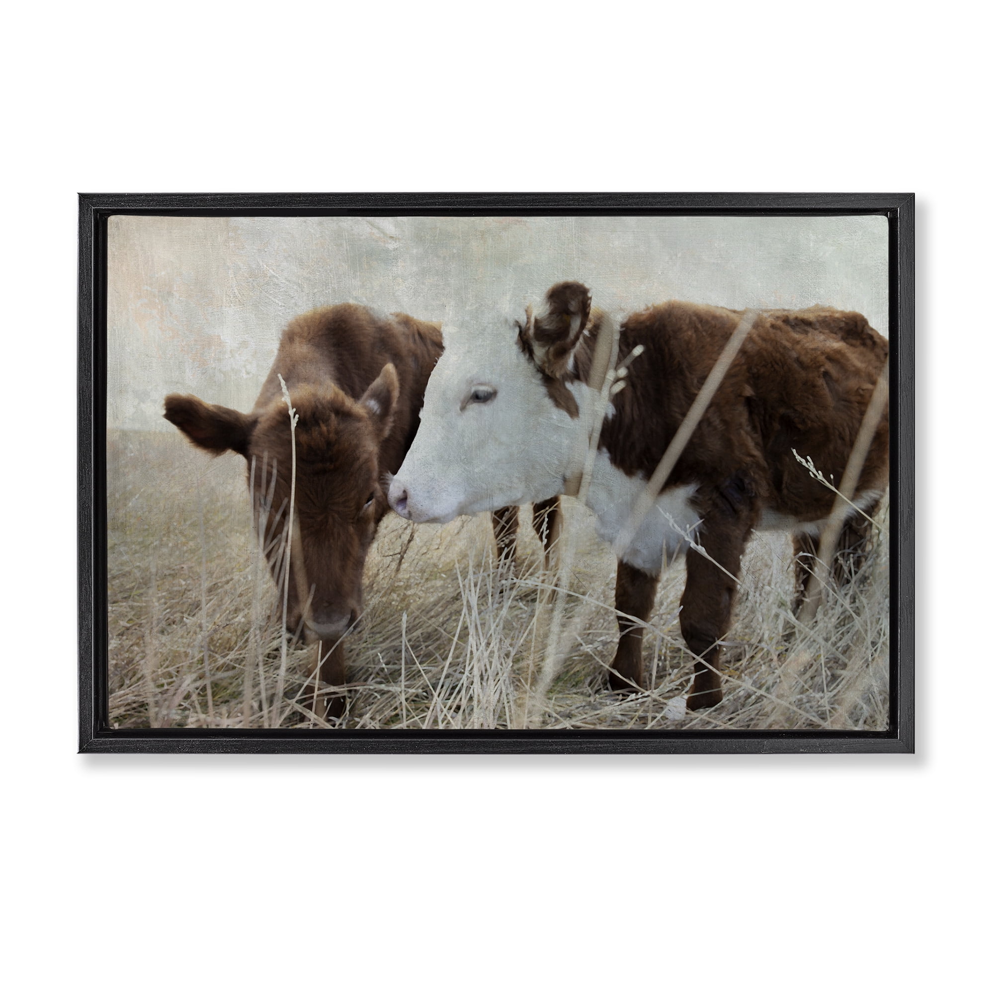 Stupell Industries Baby Calf Pair in Grass Animals & Insects Photography Black Floater Framed Canvas Art Print Wall Art, 25 x 17