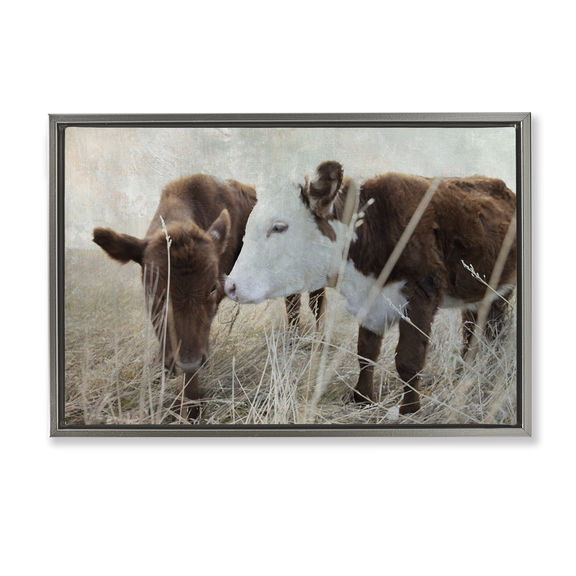 Stupell Industries Baby Calf Pair in Grass Animals & Insects Photography Gray Floater Framed Canvas Art Print Wall Art, 31 x 21