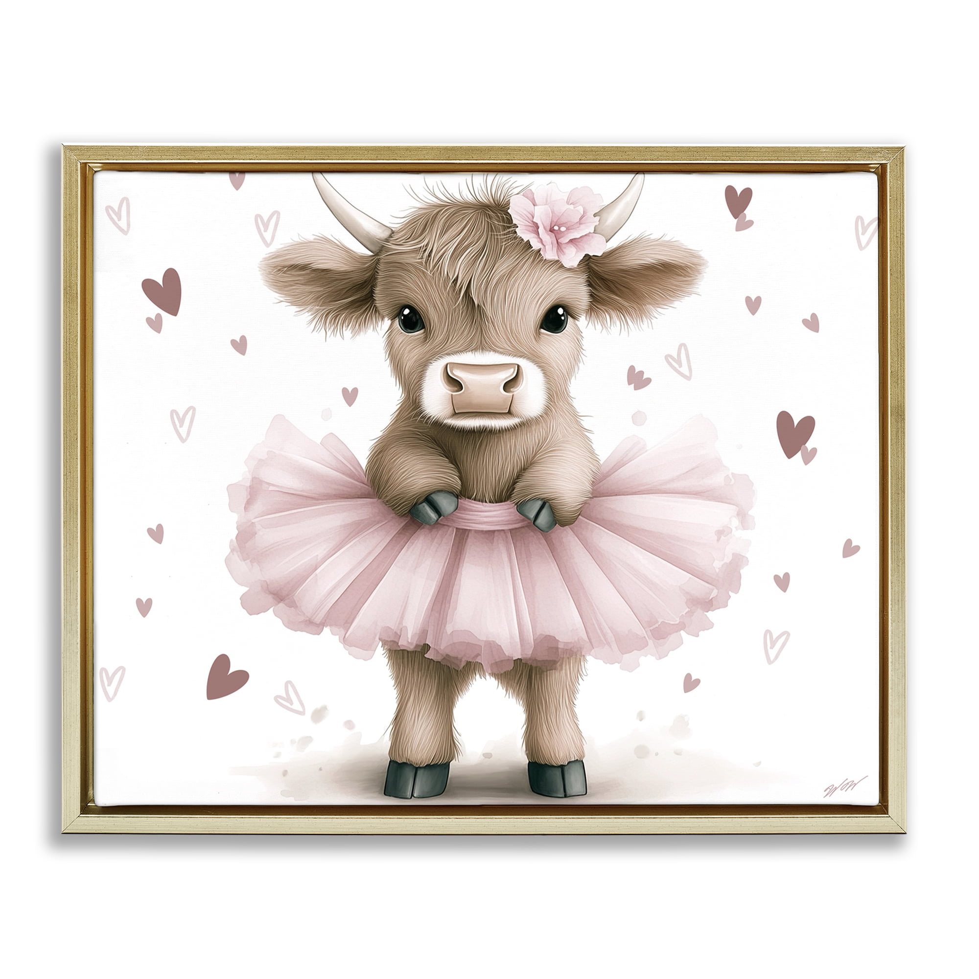 Stupell Industries Baby Calf with Tutu Gold Framed Floater Canvas Wall Art, design by Whimsical Wonders