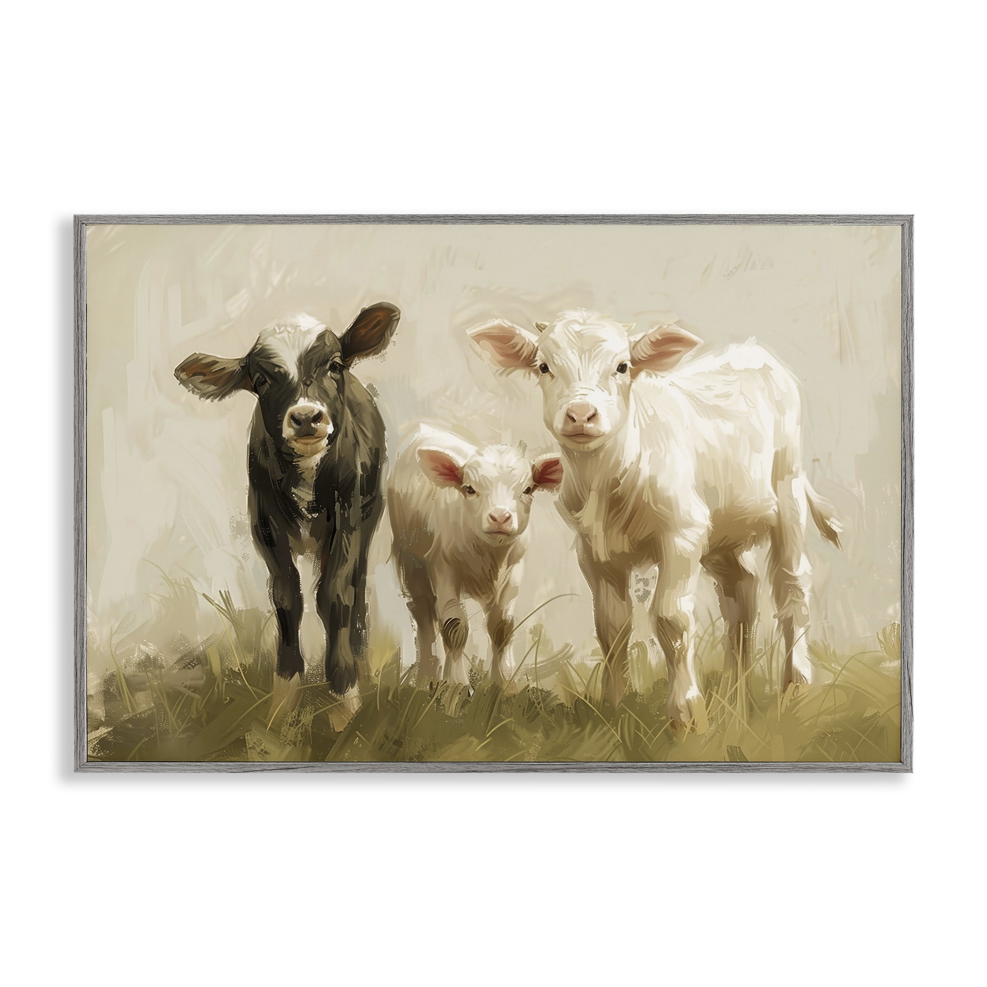 Stupell Industries Baby Cattle Trio Animals Painting Gray Framed Art Print Wall Art, 30 x 20