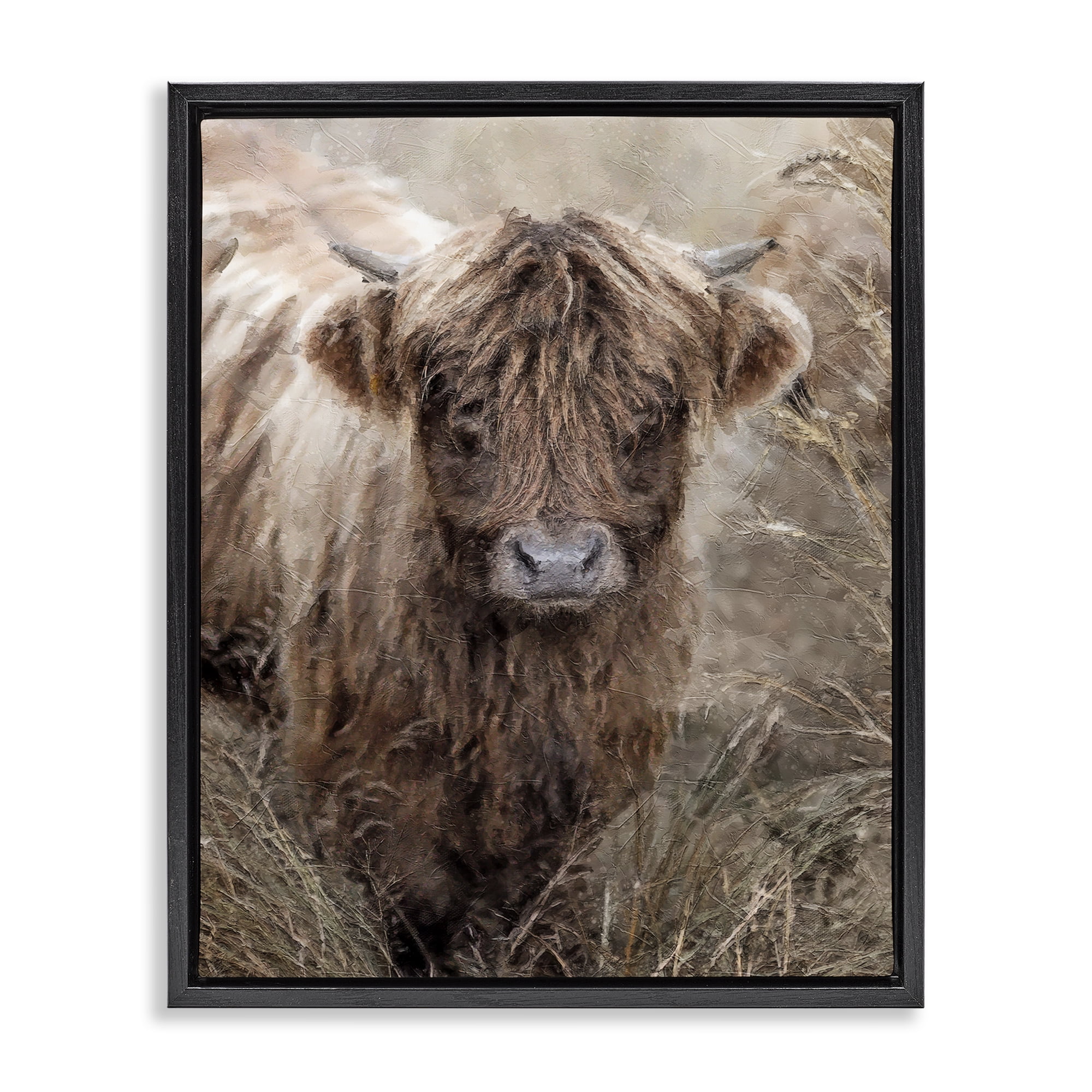Stupell Industries Baby Cattle with Reeds Animals & Insects Painting Black Floater Framed Canvas Art Print Wall Art, 25 x 31