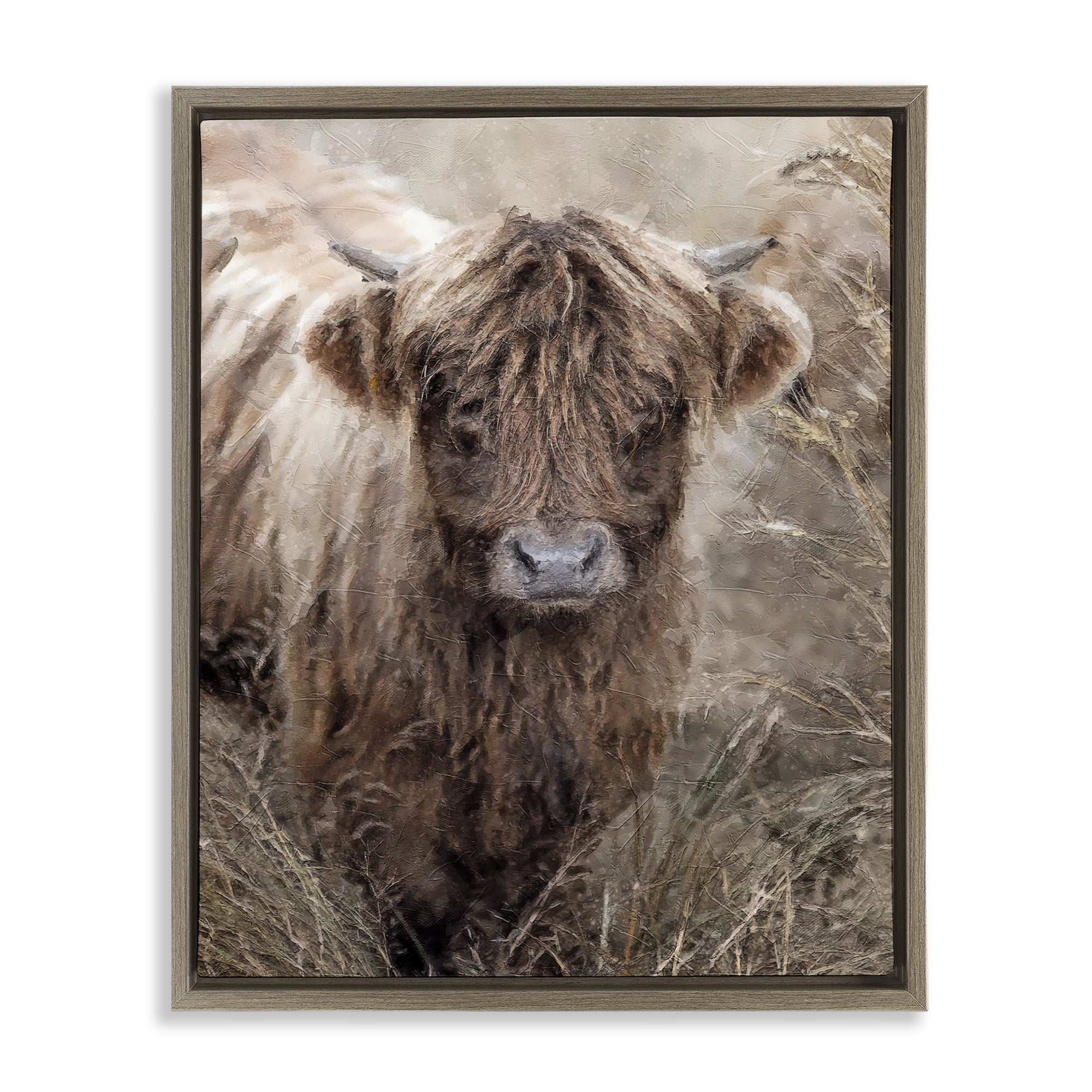 Stupell Industries Baby Cattle with Reeds Animals & Insects Painting Brown Floater Framed Canvas Art Print Wall Art, 17 x 21