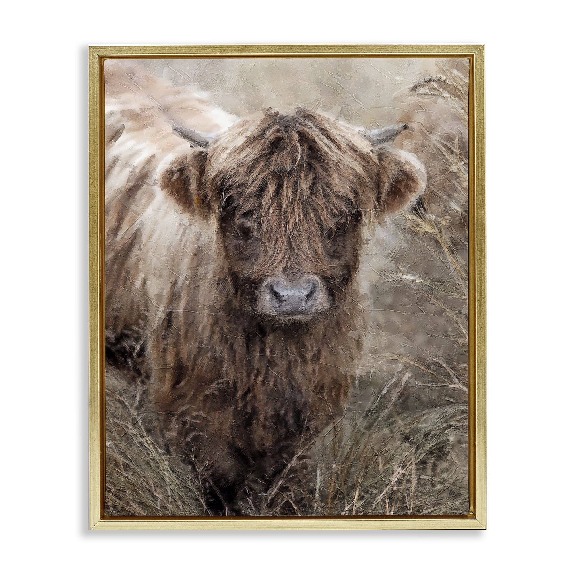 Stupell Industries Baby Cattle with Reeds Animals & Insects Painting Gold Floater Framed Canvas Art Print Wall Art, 17 x 21
