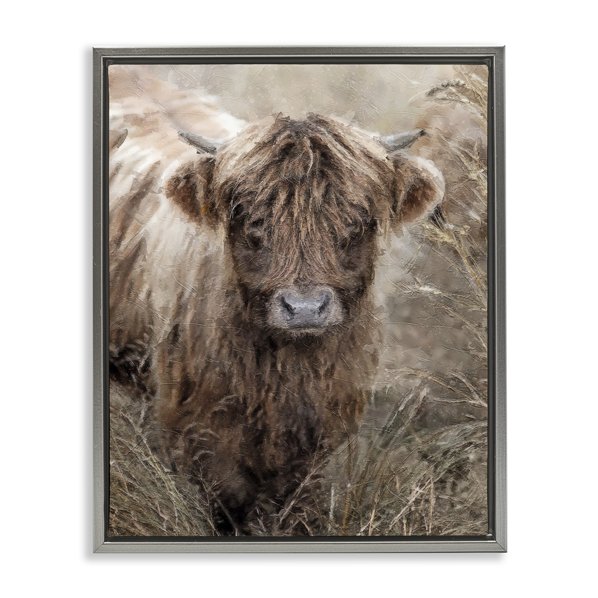 Stupell Industries Baby Cattle with Reeds Animals & Insects Painting Gray Floater Framed Canvas Art Print Wall Art, 25 x 31