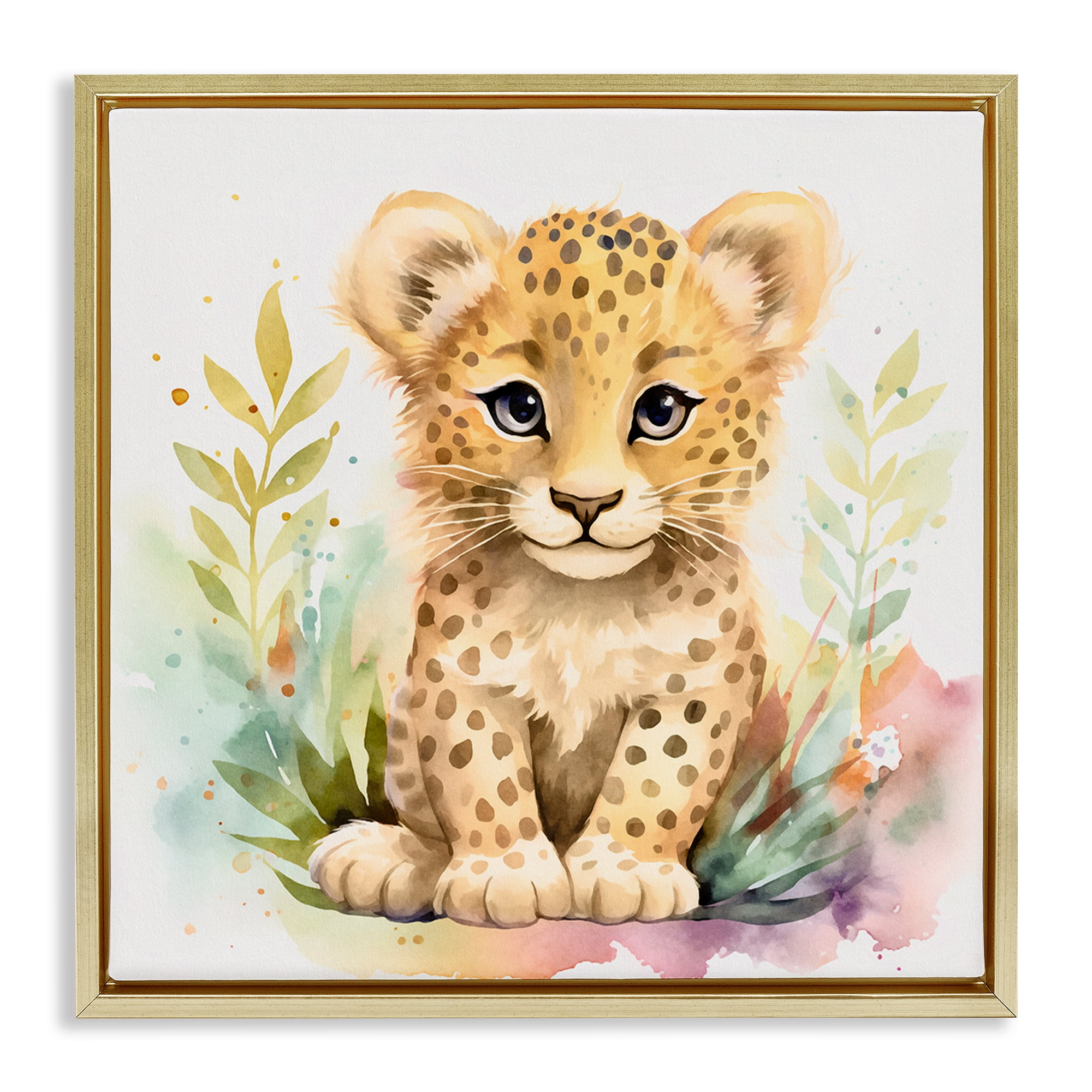 Stupell Industries Baby Cheetah Cub Animals Painting Gold Floater Framed Canvas Art Print Wall Art, 18 x 18