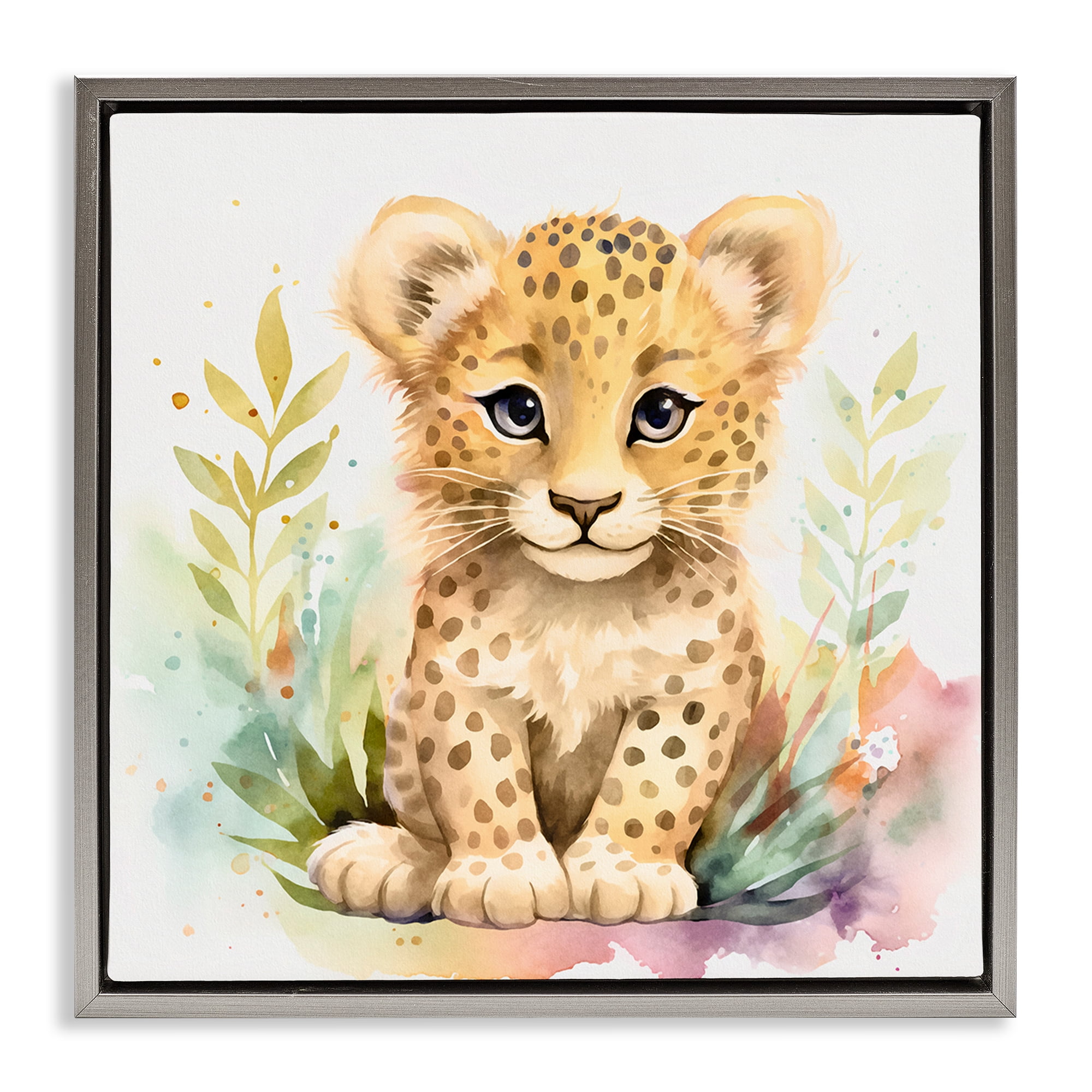 Stupell Industries Baby Cheetah Cub Animals Painting Gray Floater Framed Canvas Art Print Wall Art, 25 x 25