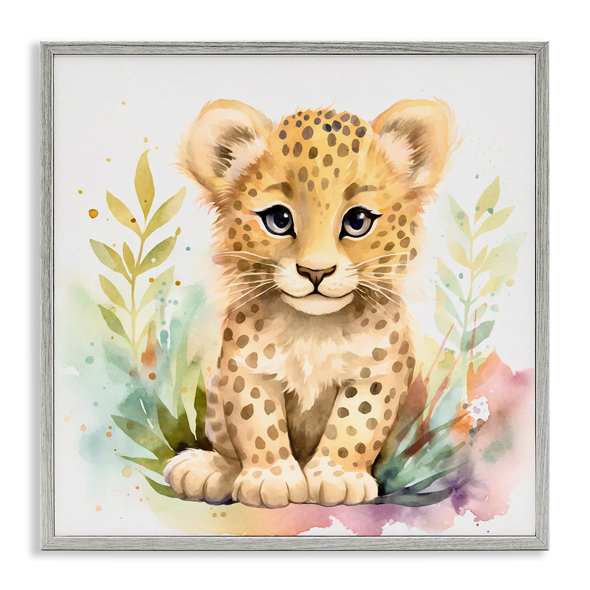 Stupell Industries Baby Cheetah Cub Animals Painting Gray Framed Art Print Wall Art, 12 x 12